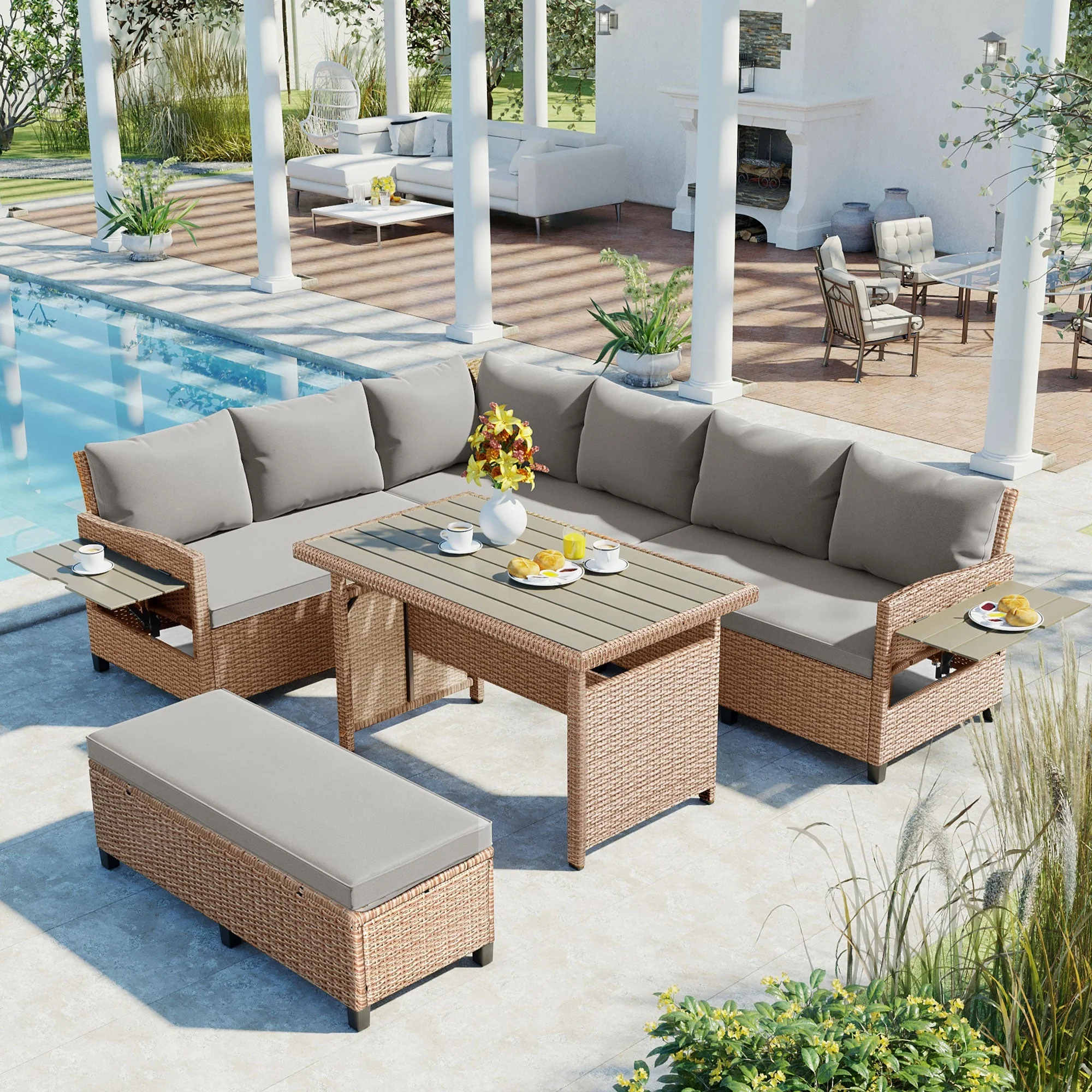 5-Piece Outdoor Sectional Sofa Set with 2 Extendable Side Tables