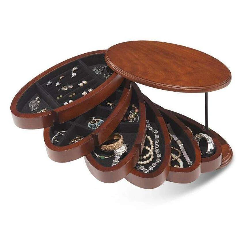 Swivel Wood Jewelry Box Tower, 6 Drawers Organizer, Dark Cherry