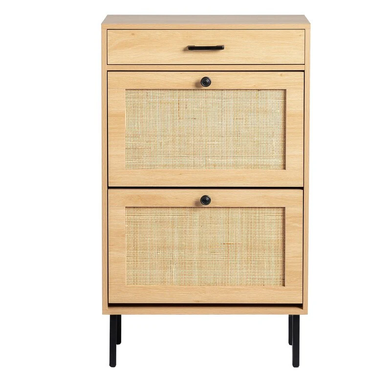 Real Rattan Shoe Cabinet with 2 Flip Drawers & 1 Small Drawer