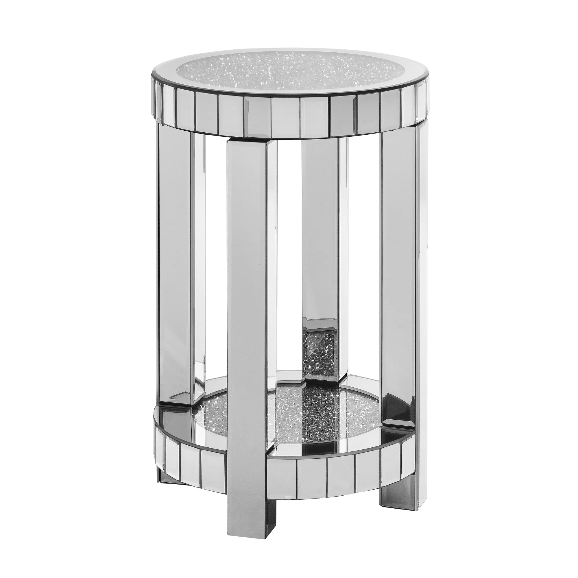 Mirror Round Side Table with Crystal Inlay and Storage Space