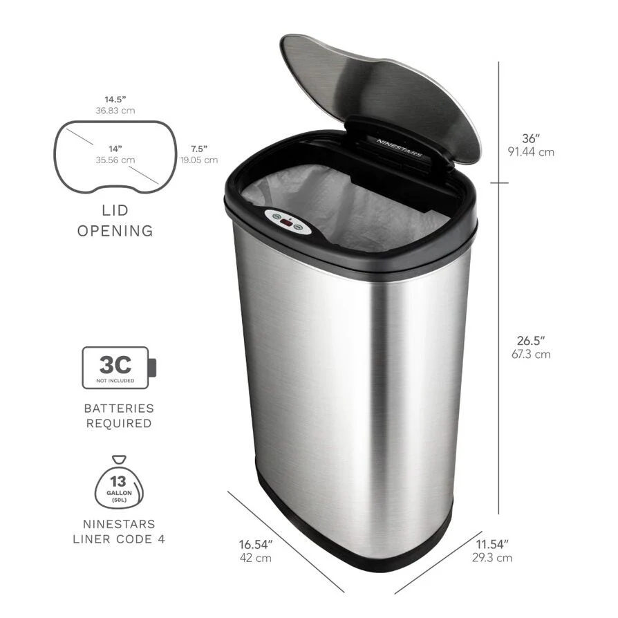 NINESTARS Stainless Steel Motion Sensor Trash Can Combo, 13.2 Gal. & 3 Gal. CB-DZT-50-3/12-9