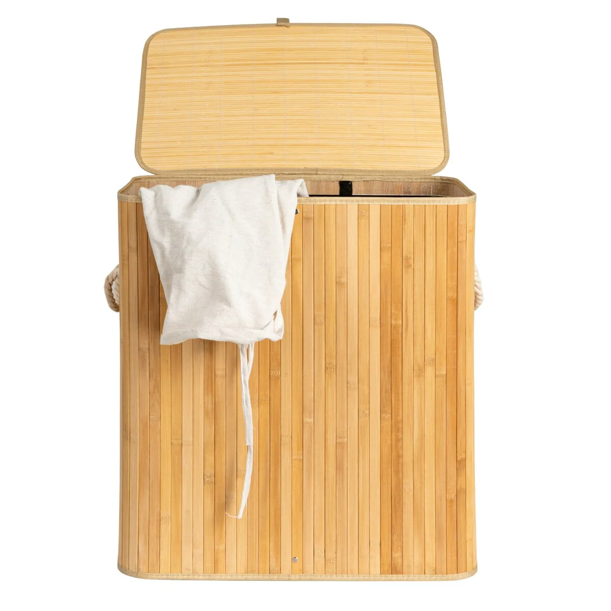 Household Essentials Bamboo Double Laundry Hamper with Rope Handles and Removable Laundry Bag