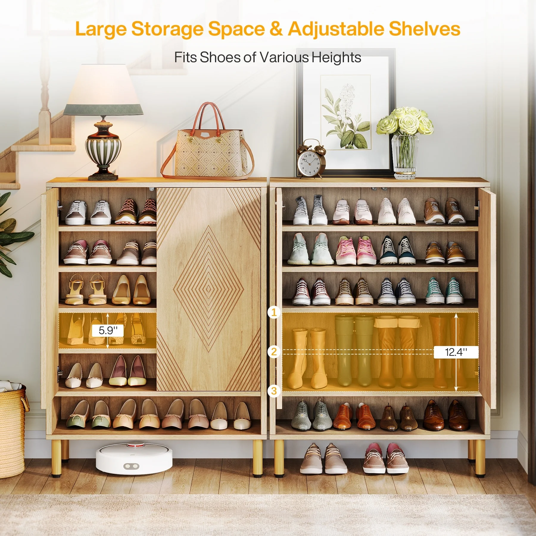 6-tier Shoe Cabinet with Doors, Wood Shoe Rack with Adjustable Shelves