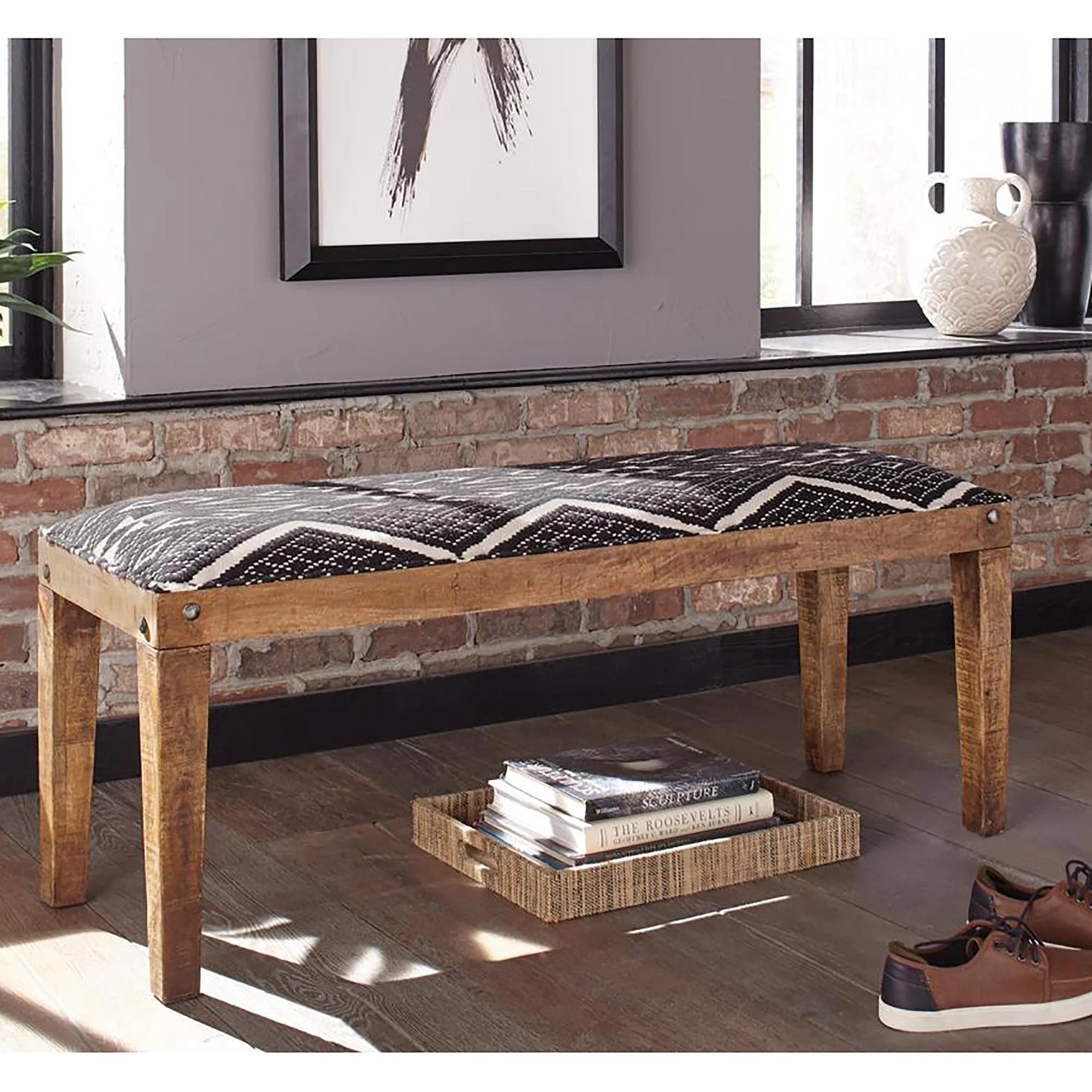 Upholstered Bench with Tapered Legs and Geometric Pattern Seat