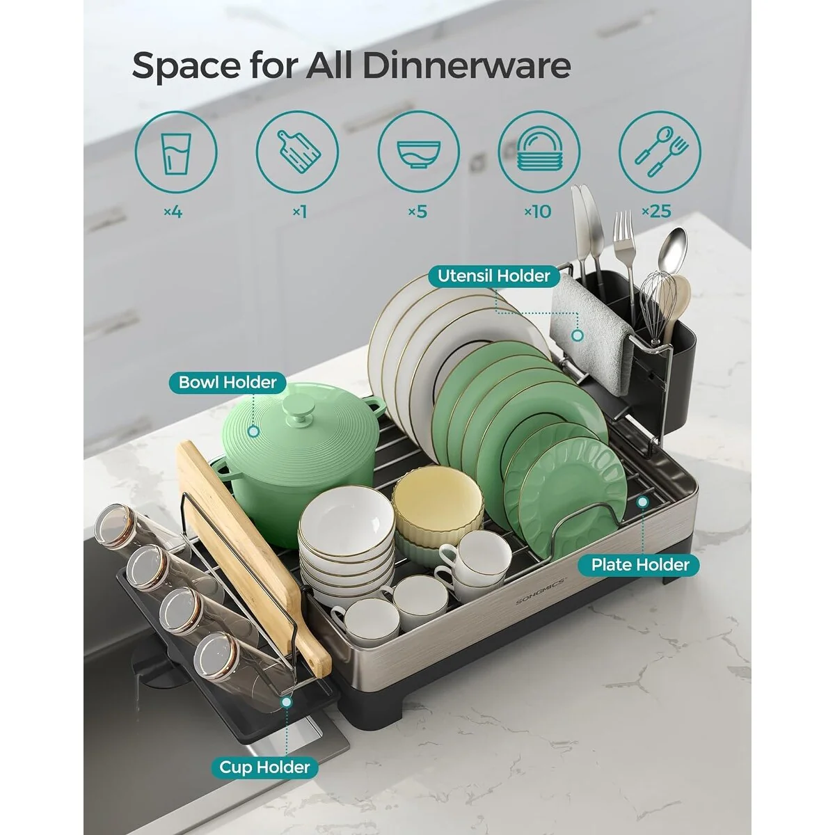 SONGMICS Dish Drying Rack, Stainless Steel Dish Rack with Rotatable Spout, Drainboard, for Kitchen