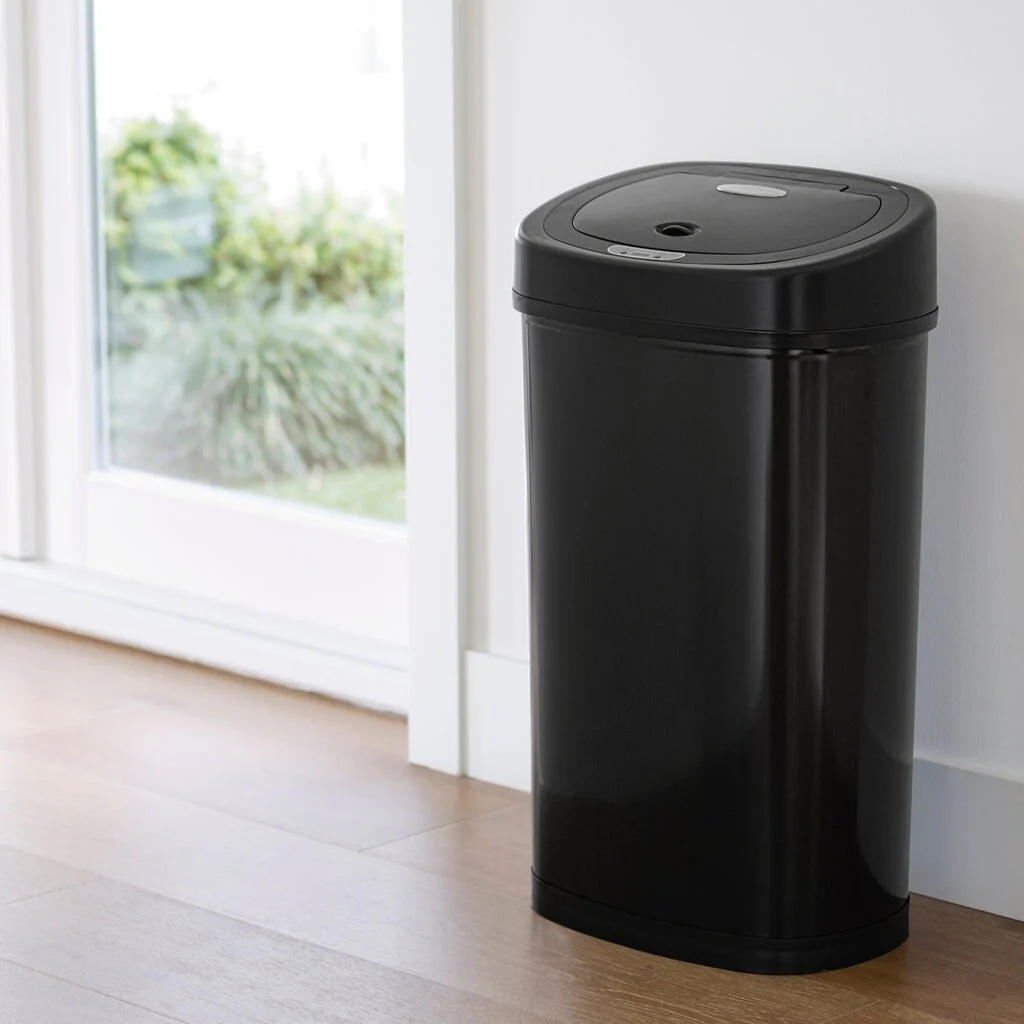 NINESTARS Oval Motion Sensor Trash Can 13.2 Gallon, Black Stainless Steel DZT-50-9BK