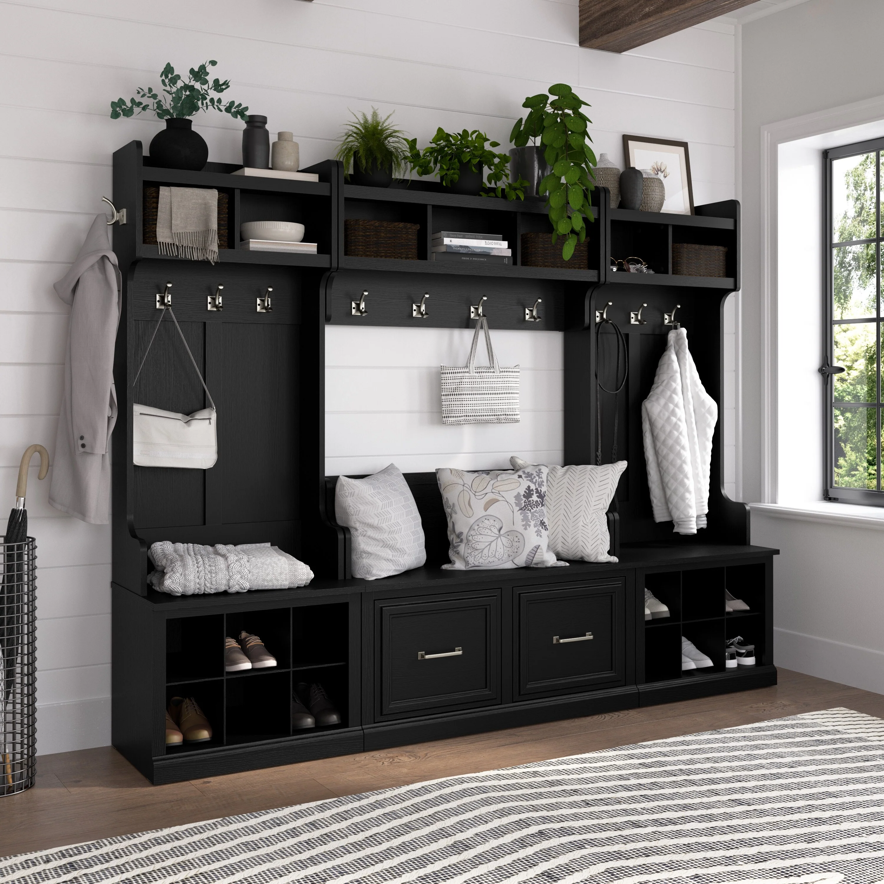 Woodland 40W Shoe Bench w/ Shelves & Wall Coat Rack by Bush Furniture