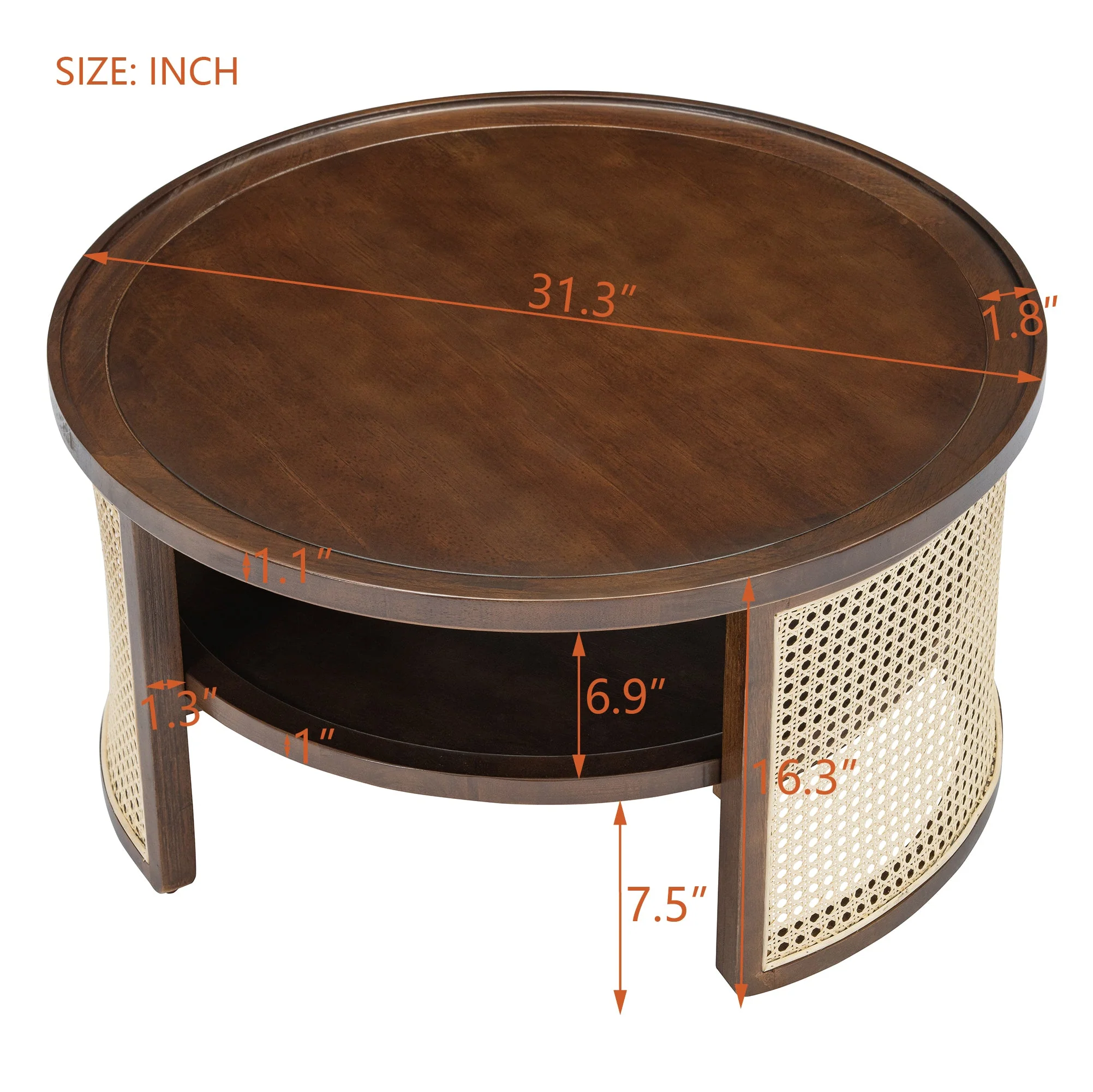 Wintered 2-Tiered Coffee Table with Rattan Base and Curved Edge Design
