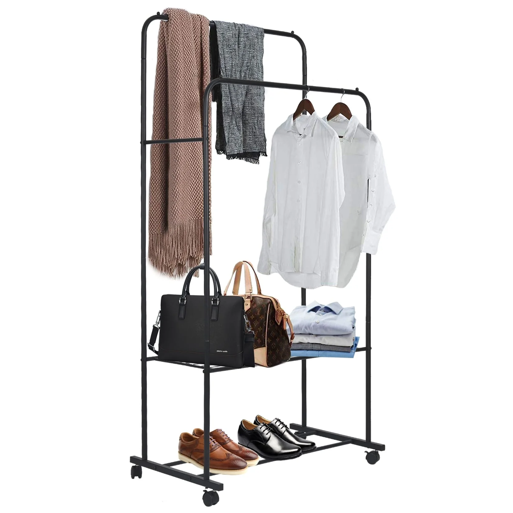 Metal Double Rail Clothes Stand on Wheels