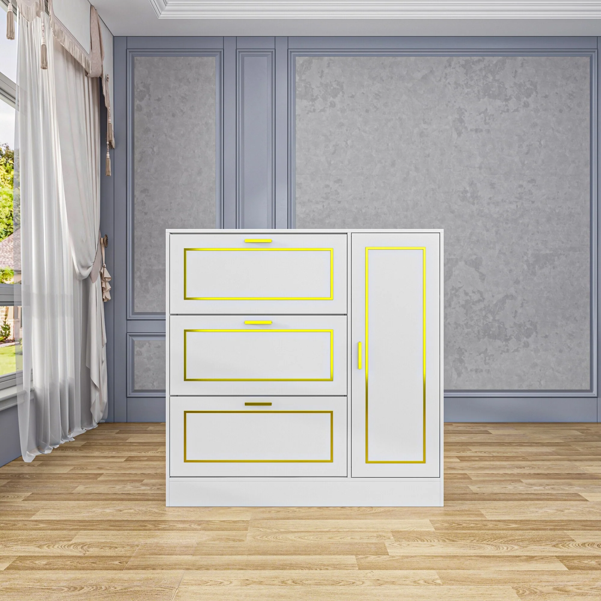 Fold-Out Shoes Cabinet Storage Cabinet Dresser Chest(Black/White)