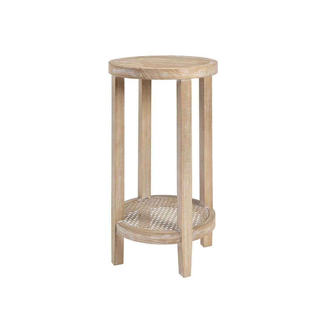 Round Accent Table with Lower Rattan Cane Shelf