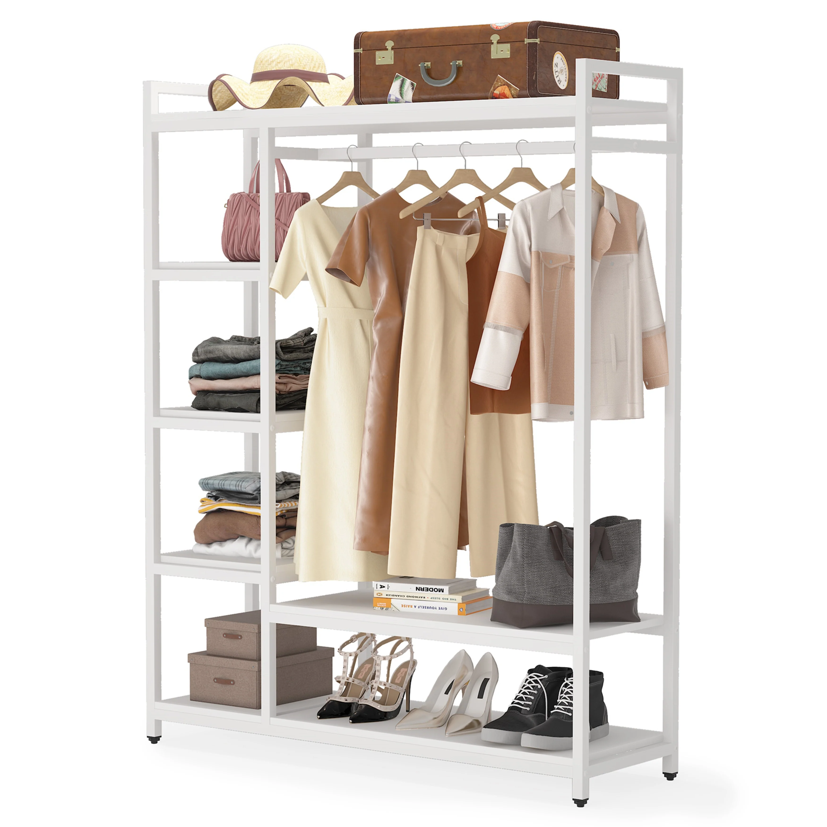 Black/ White Modern Clothes Garment Rack,Metal and Wood Closet Rack Closet Organizer System with Hanging Rod and Shelf