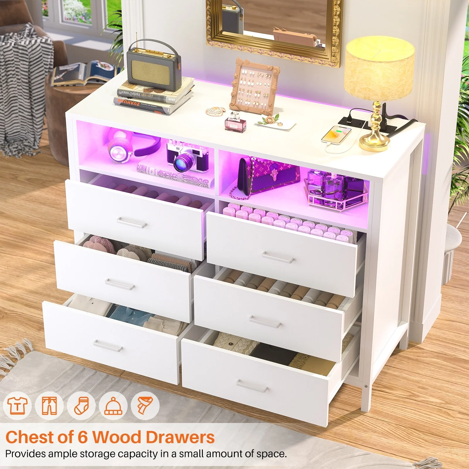 Chest of Drawers with LED Lights and Outlets,Wood Drawer Dresser for Clothes Storage