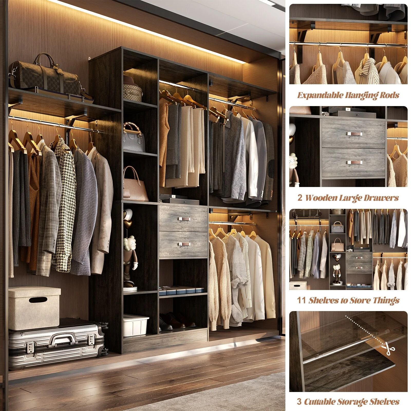 31.5'' to 96'' W Closet Organizer System with Drawers and Tower Shelves for Reach-in and Walk-in Closet