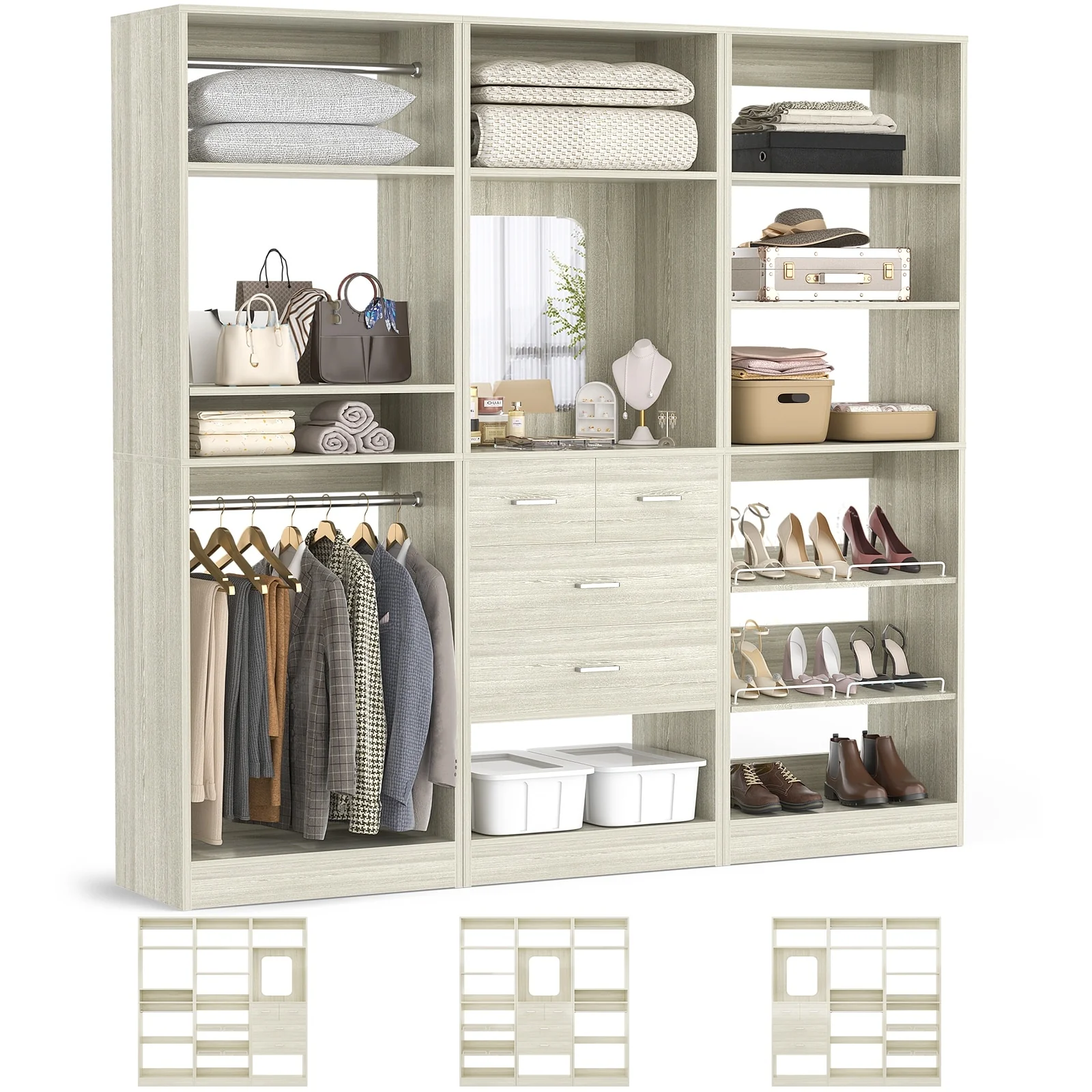 Cimly Set of 3 Freestanding Closet System with Drawers and Shoe Racks, 75'' Closet Organizer with Hanging Rods and Mirror