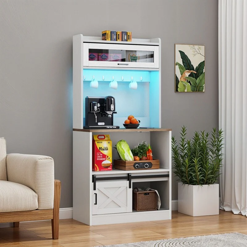 Moasis 5-Tier Bakers Rack with Hooks & LED Lights, Microwave Stand with Power Outlets