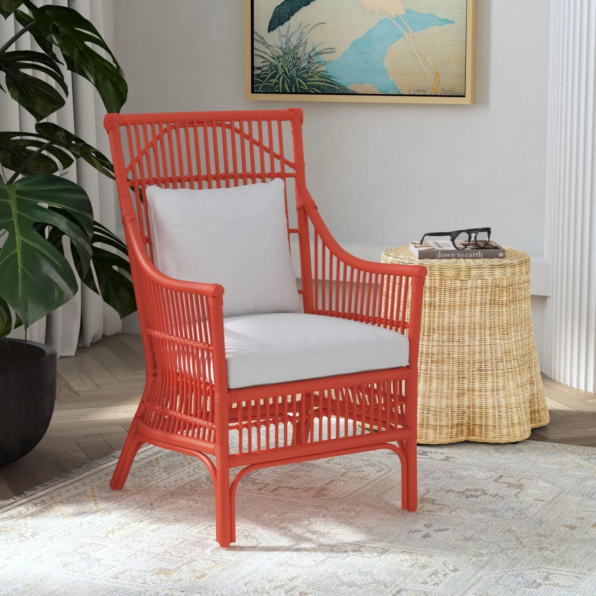 Rattan Slat Back Dining Arm Chair Red