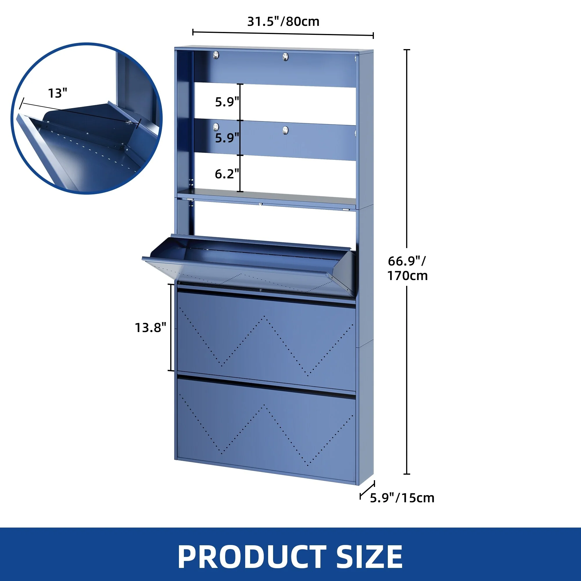 Moasis Wall-Mounted Shoe Cabinet with 3 Flip Drawers, Shoe Organizer with Hanging Bars and Hooks
