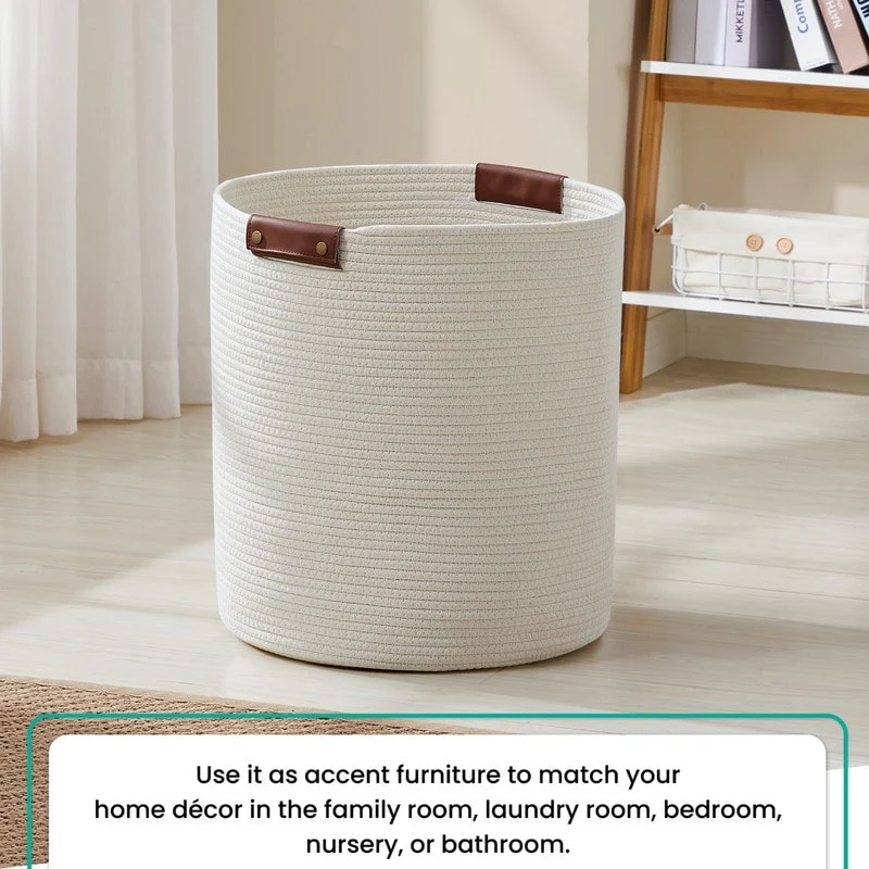 Large Cotton Rope Storage Basket Laundry Hamper Woven Basket with Leather Handles -16 x 18 - 16