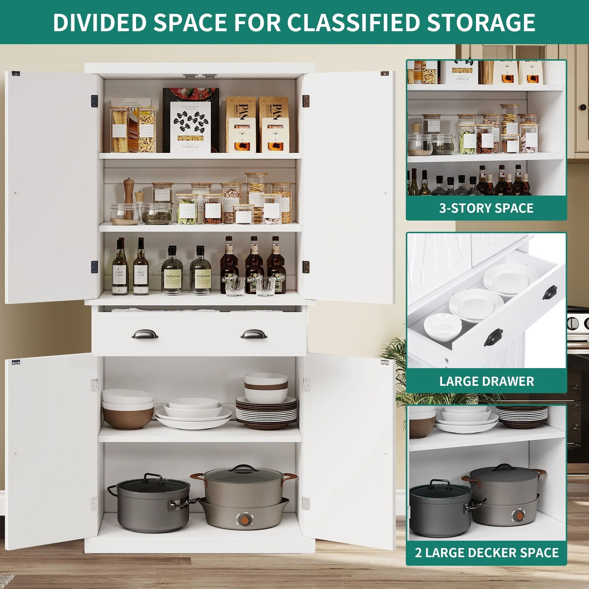 Moasis Farmhouse Traditional Freestanding Kitchen Pantry Storage Cabinet Cupboard