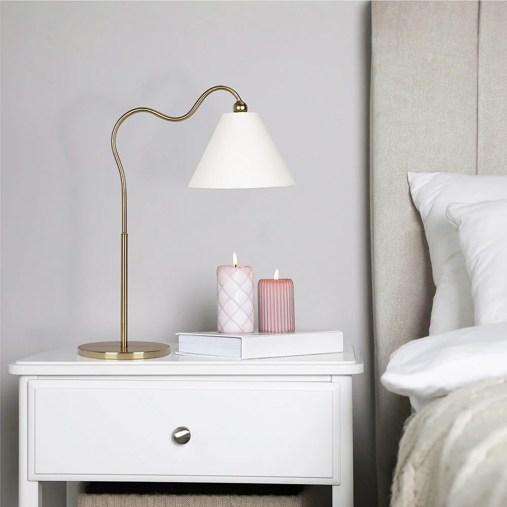 Cheering Brass Ring Base Curved Table Lamp with Triangle Drum Shade