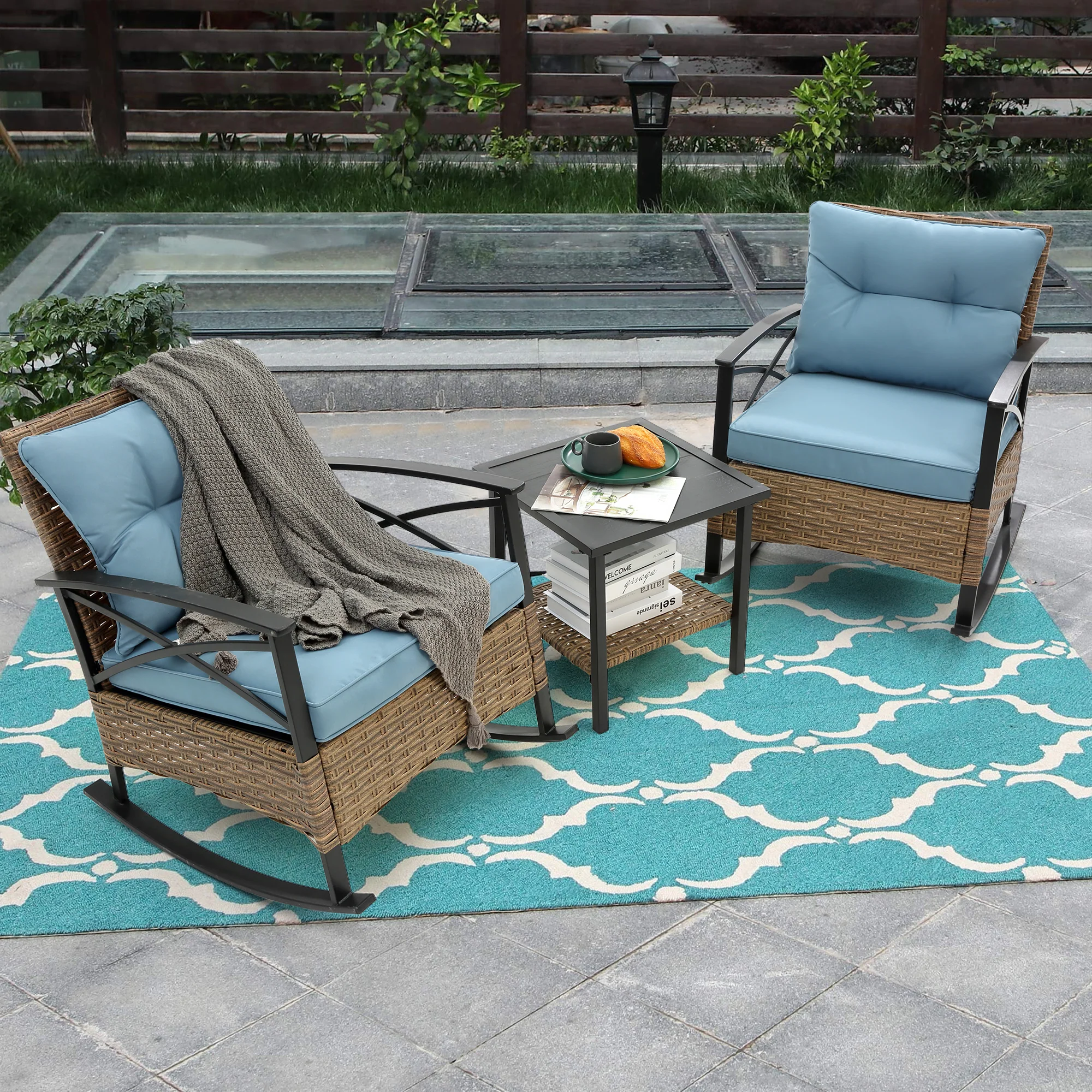 Ilmenite 3-Piece Patio Set with 2 Rocking Chairs and Bottom Shelf Table