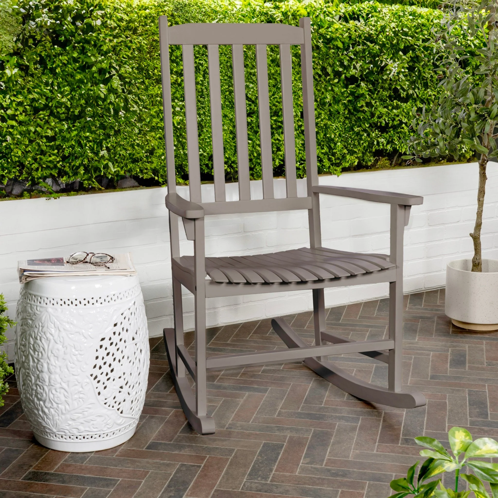 Seagrove Farmhouse Classic Slat-Back 350-LBS Support Acacia Wood Outdoor Rocking Chair, Gray Wash