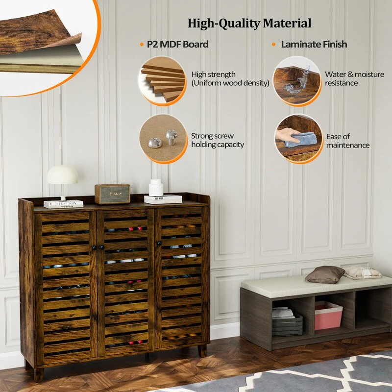 Hidden Shoe Cabinet with 3 Doors, 5 Tier Shoe Organizer Rustic Brown