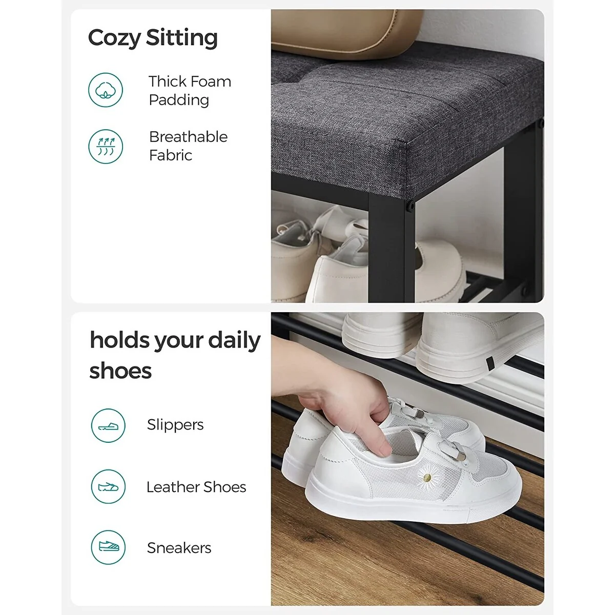 SONGMICS 3-Tier Shoe Bench, Storage Organizer with Foam Padded Seat