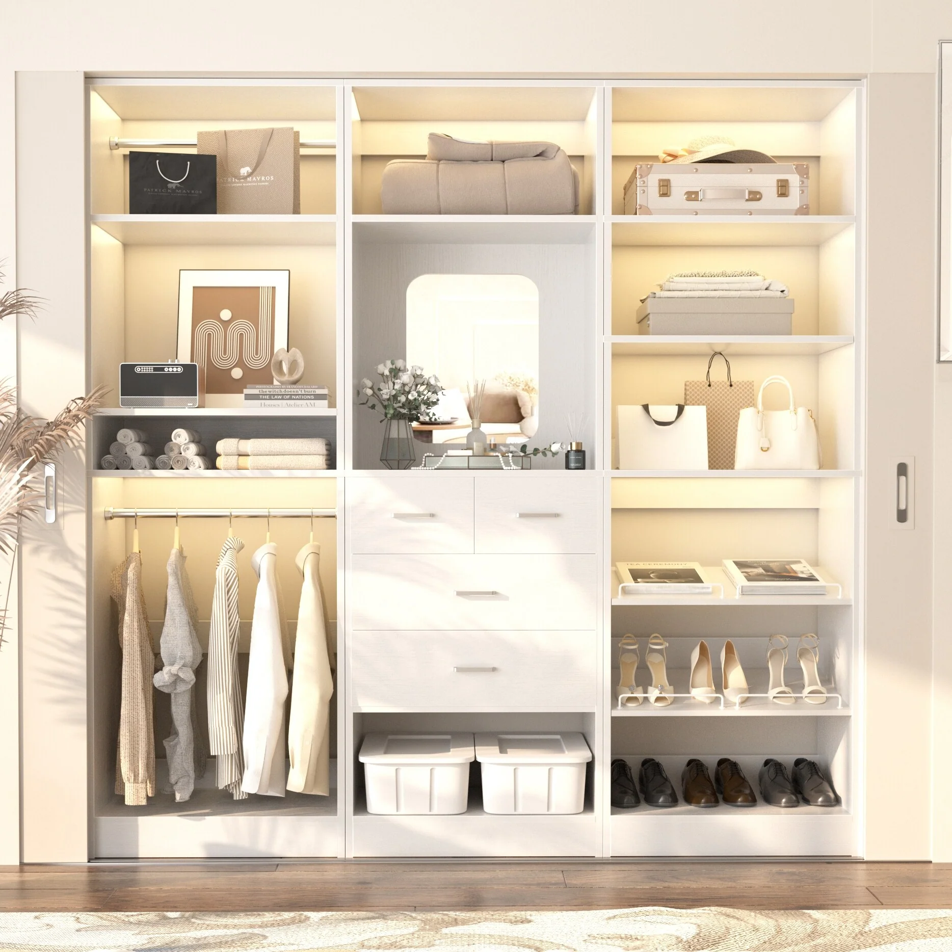 Cimly Set of 3 Freestanding Closet System with Drawers and Shoe Racks, 75'' Closet Organizer with Hanging Rods and Mirror