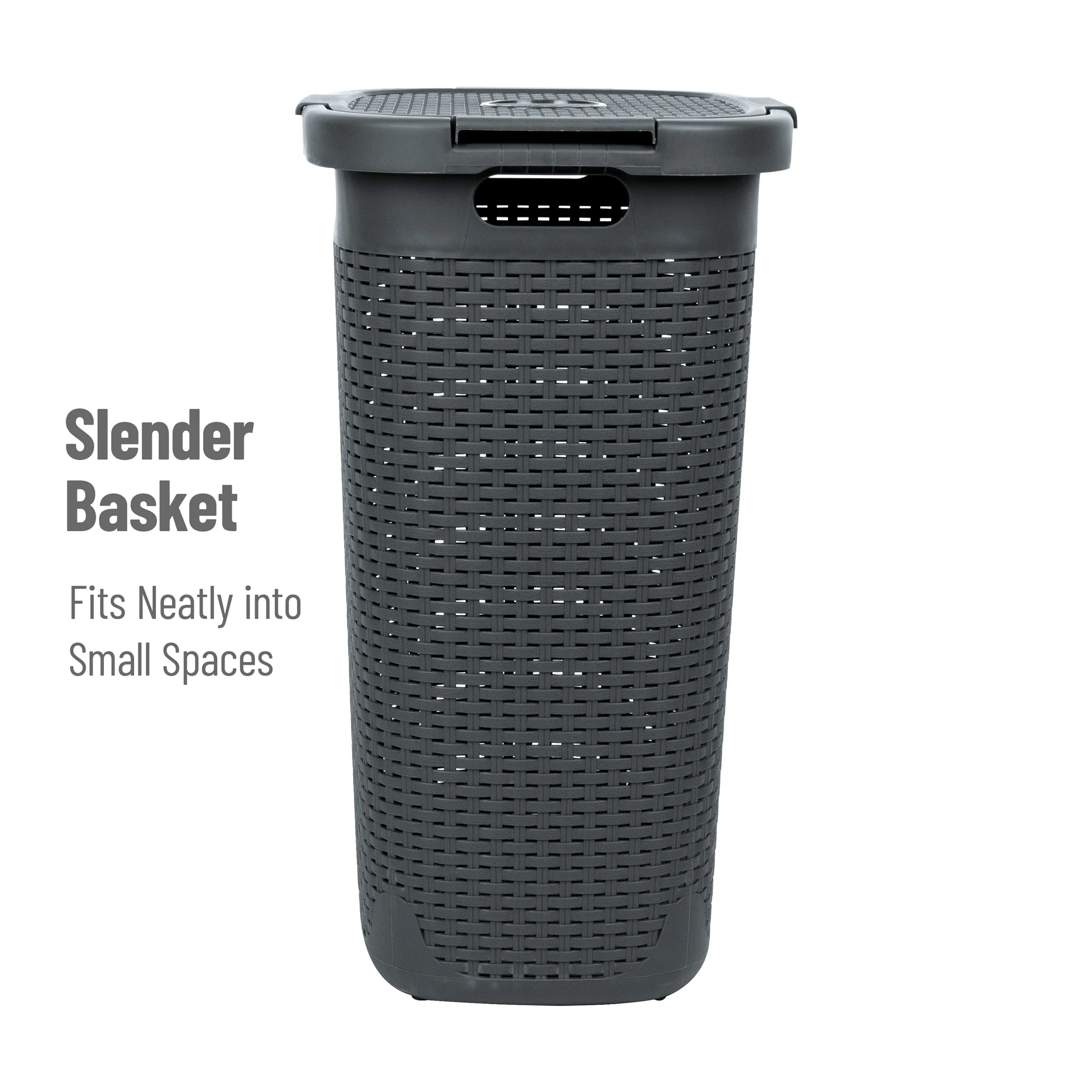 Mind Reader 60L Slim Laundry Hamper, Clothes Basket, Lid, Wicker Design, Plastic, 17.65