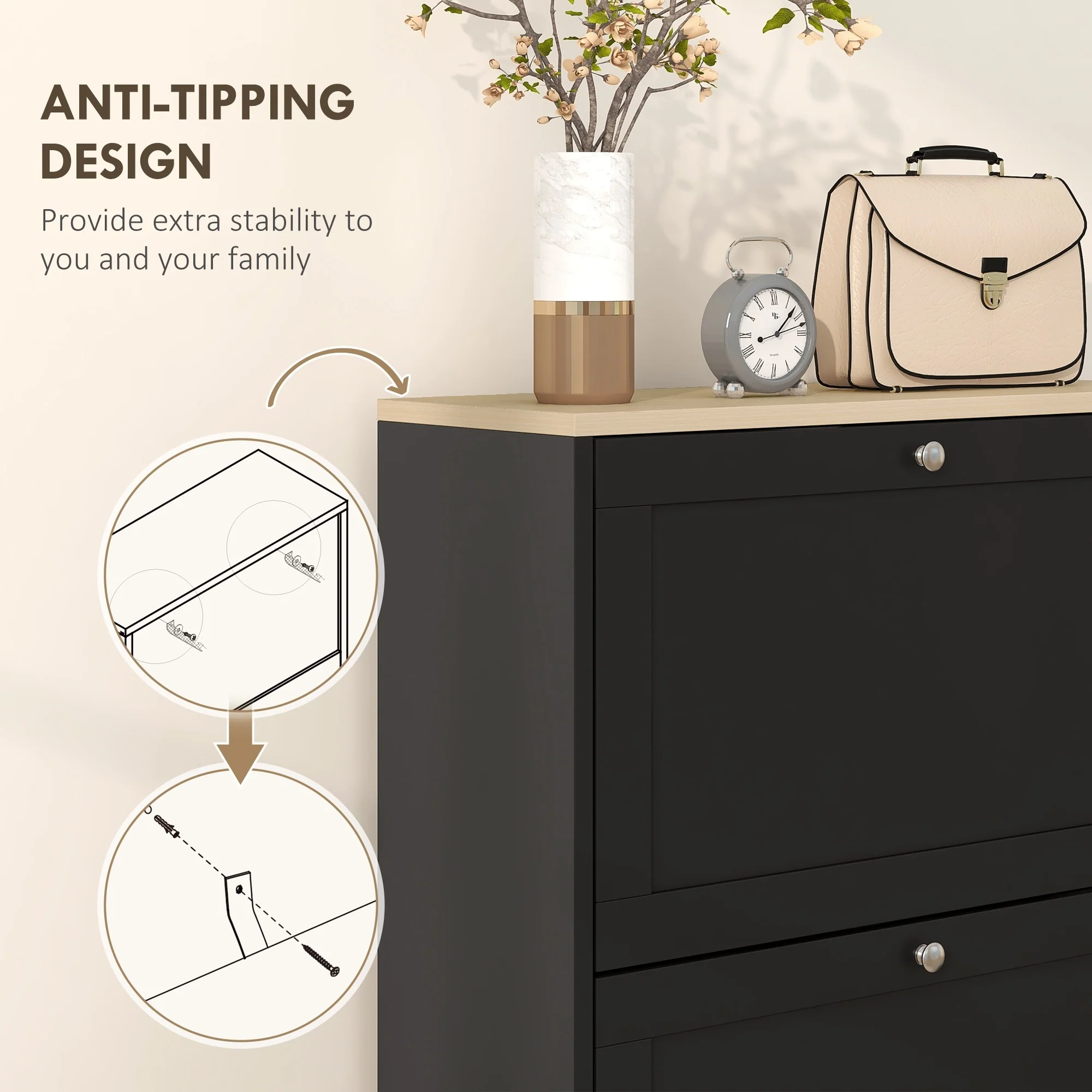 HOMCOM Narrow Shoe Storage Cabinet for Entryway with 3 Flip Drawers and Adjustable Shelves