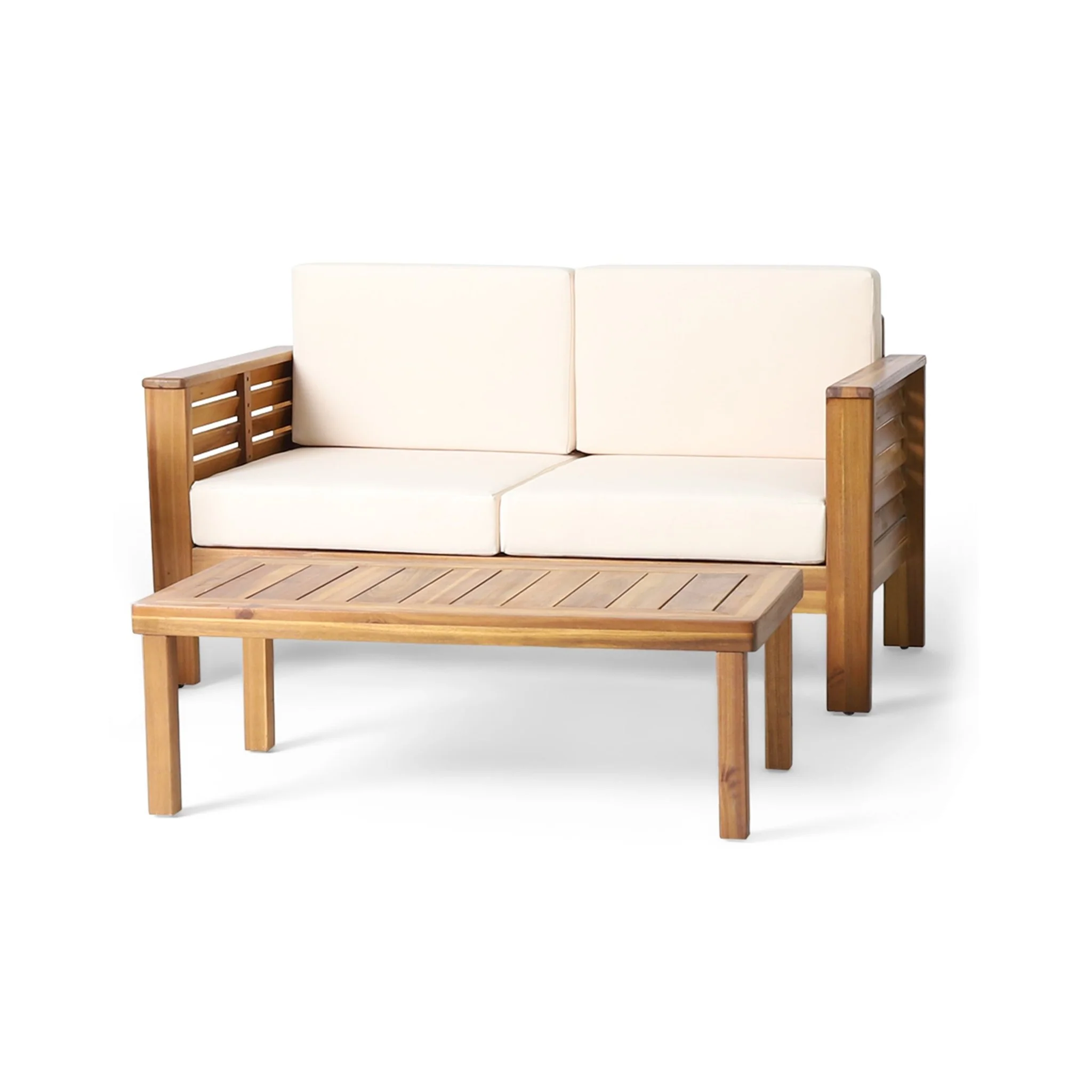 Outdoor Wooden Set with Loveseat, Coffee Table and Water-Resistant Cushions