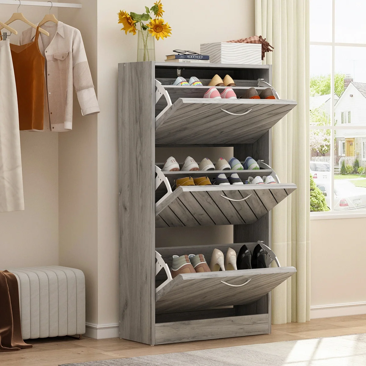 FUFU&GAGA Freestanding 3 Flip Drawers Shoe Cabinet Storage Organizer