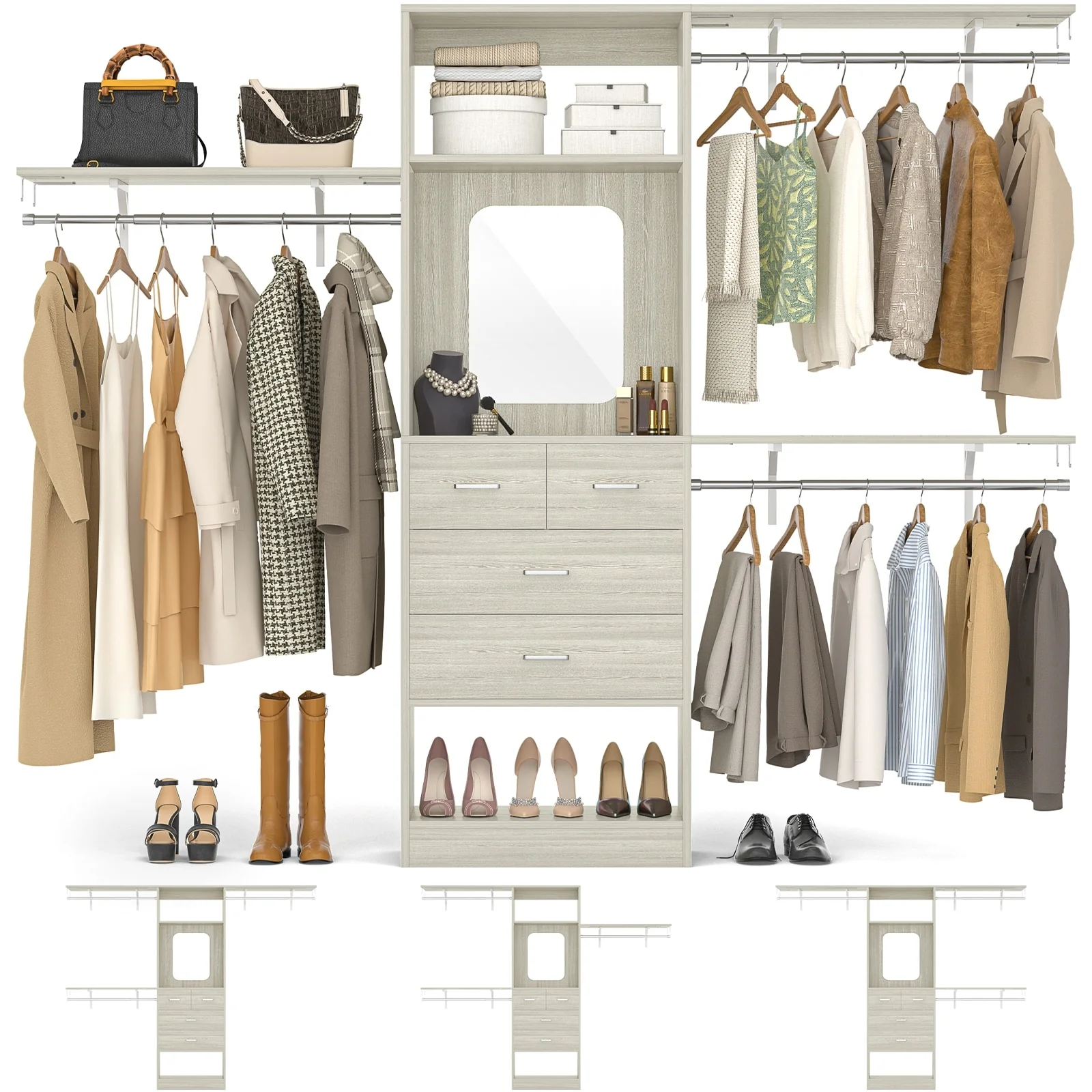 96'' W Closet System with Mirror, 8FT Walk-in Closet Organizer Kits with 4 Wooden Drawers ＆ 3 Extendable Hanging Rods