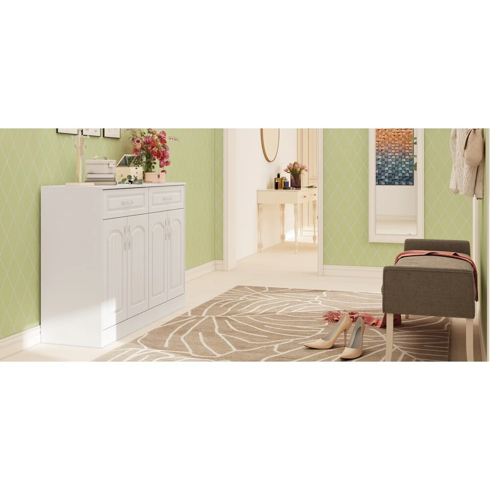 Multi-Functional White Shoe Cabinet with Adjustable Shelves Entryway