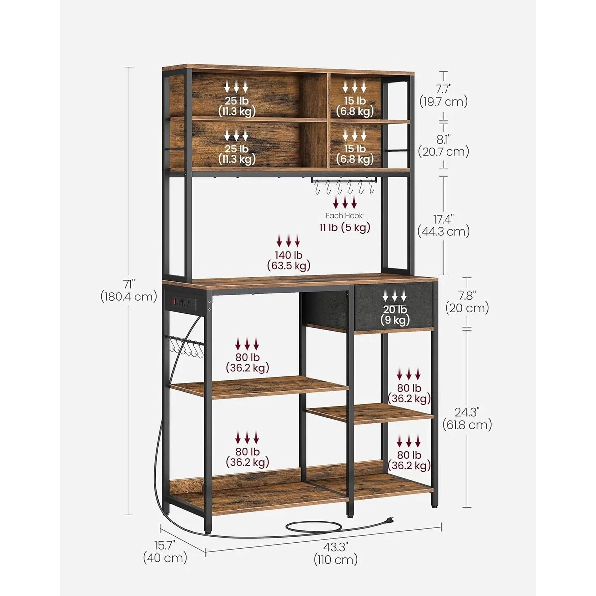 VASAGLE Bakers Rack with Charging Station, Coffee Bar Stand with Adjustable Storage Shelves