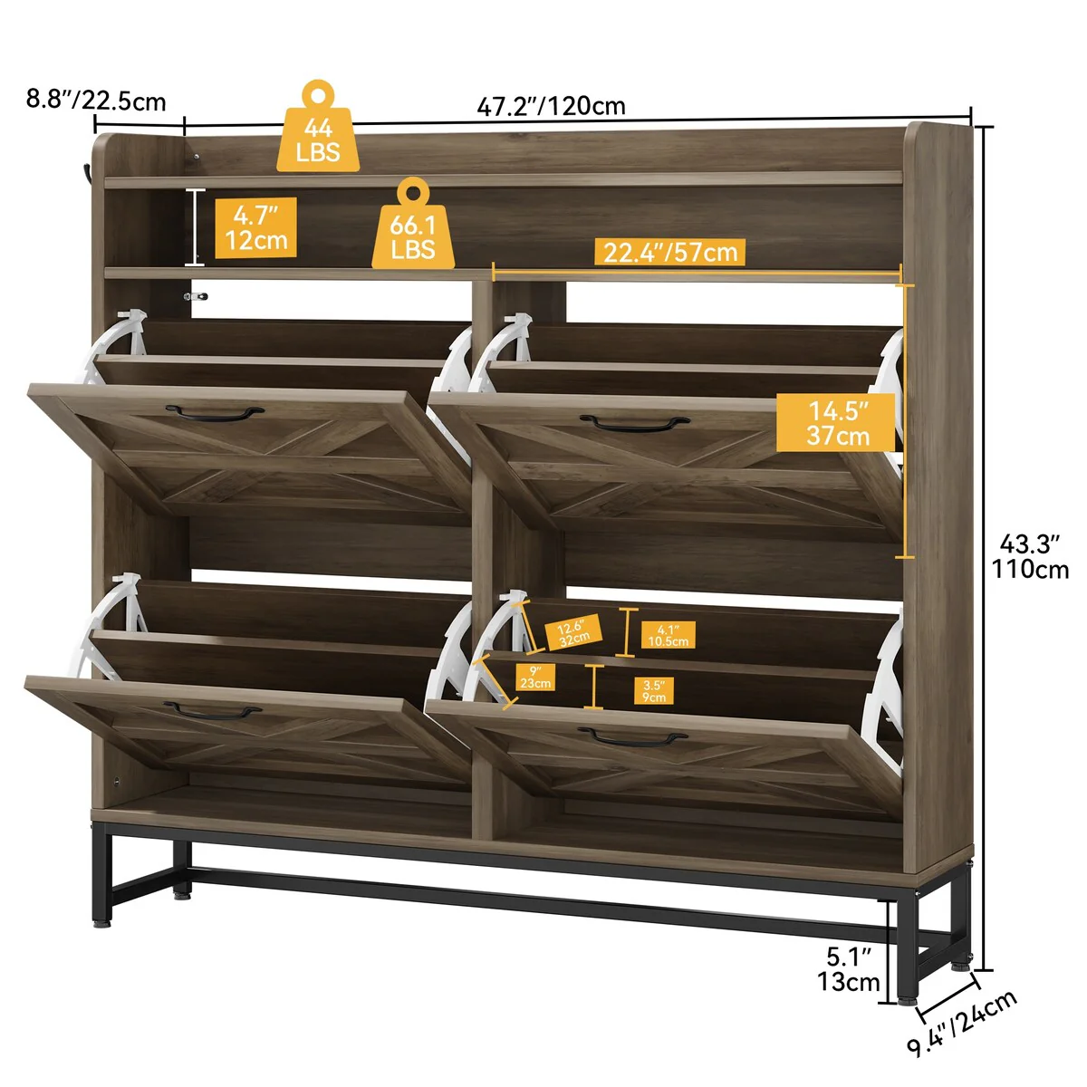 Moasis Farmhouse Flip Shoe Cabinet Shoe Storage Cabinet with 4 Flip Doors Adjustable Shelf - 47.2