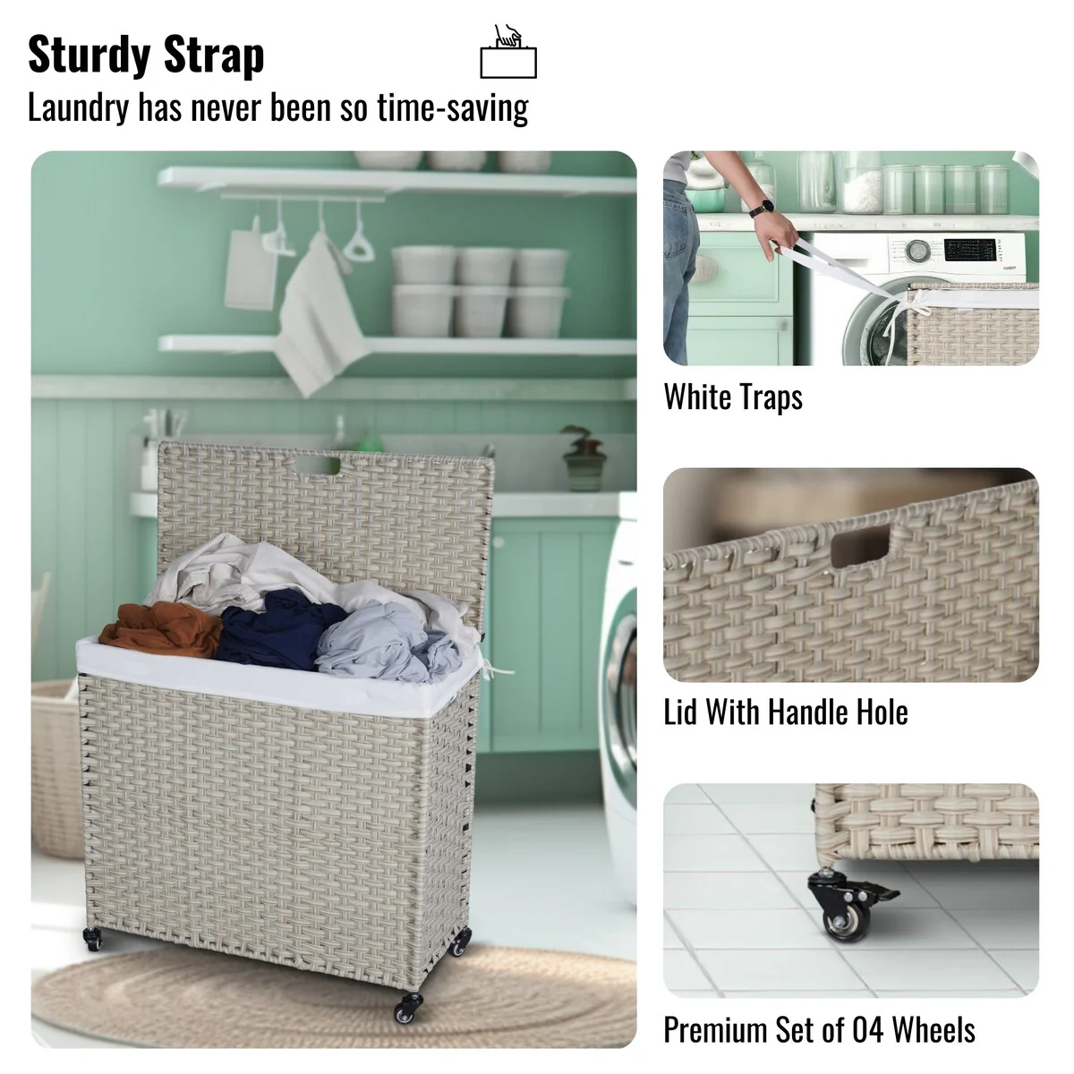 Laundry Hamper with Wheels, 160L Rattan Hampers & 2 Removable Liner Bags, Laundry Basket with Lid - 27