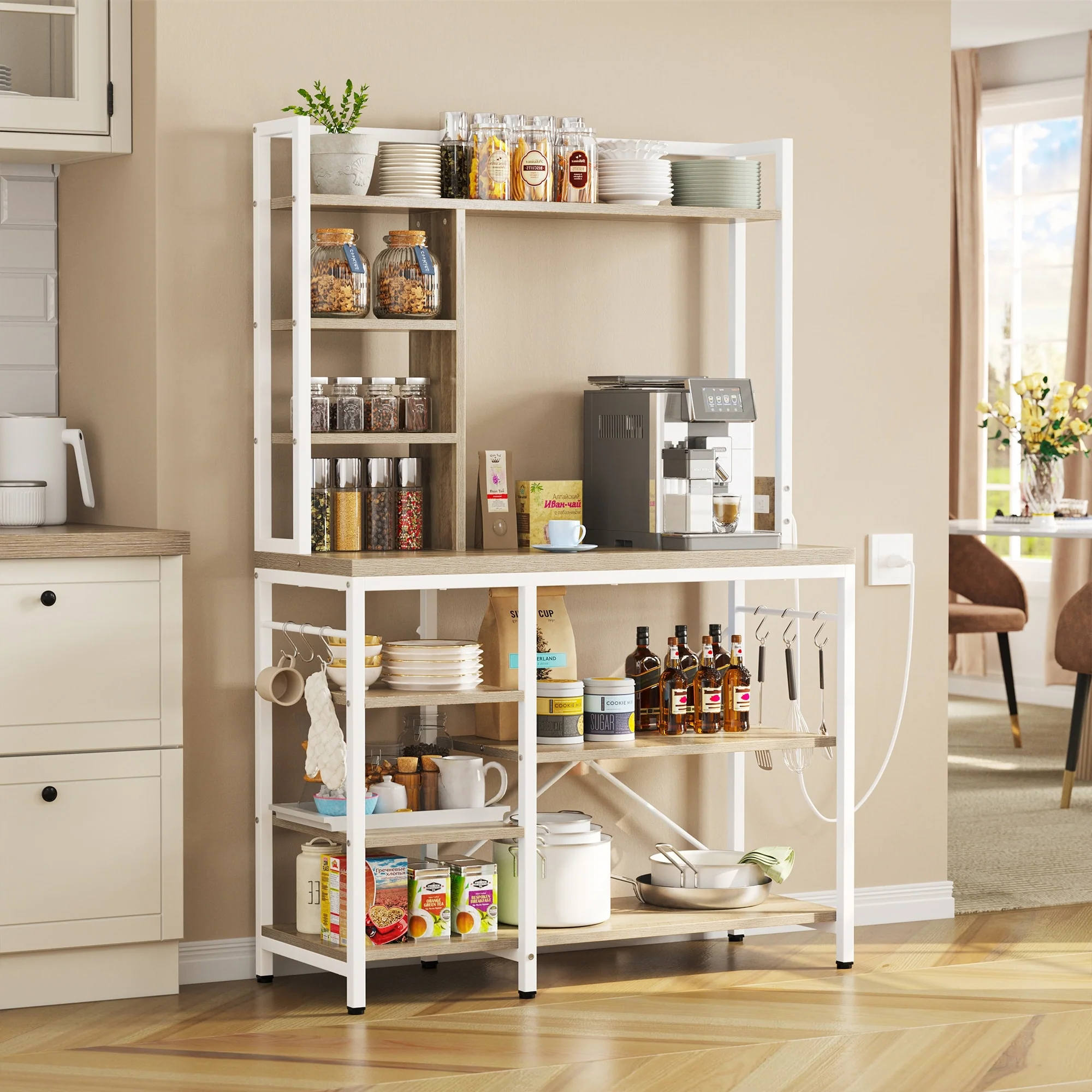 Moasis Kitchen Bakers Rack Utility Storage Shelf with Power Outlets Microwave Oven Stand