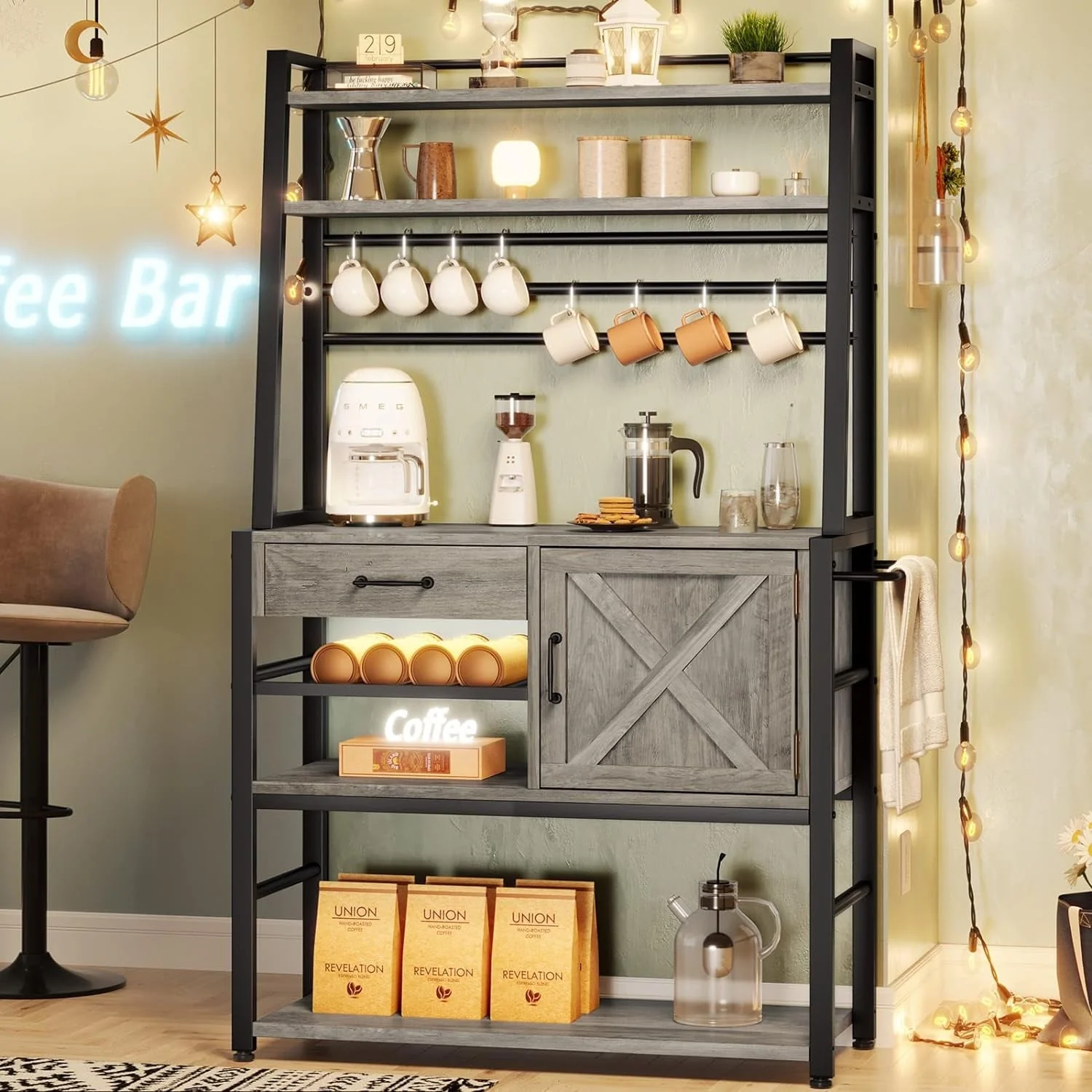 Baker's Rack Coffee Bar Cabinet Farmhouse Microwave Stand