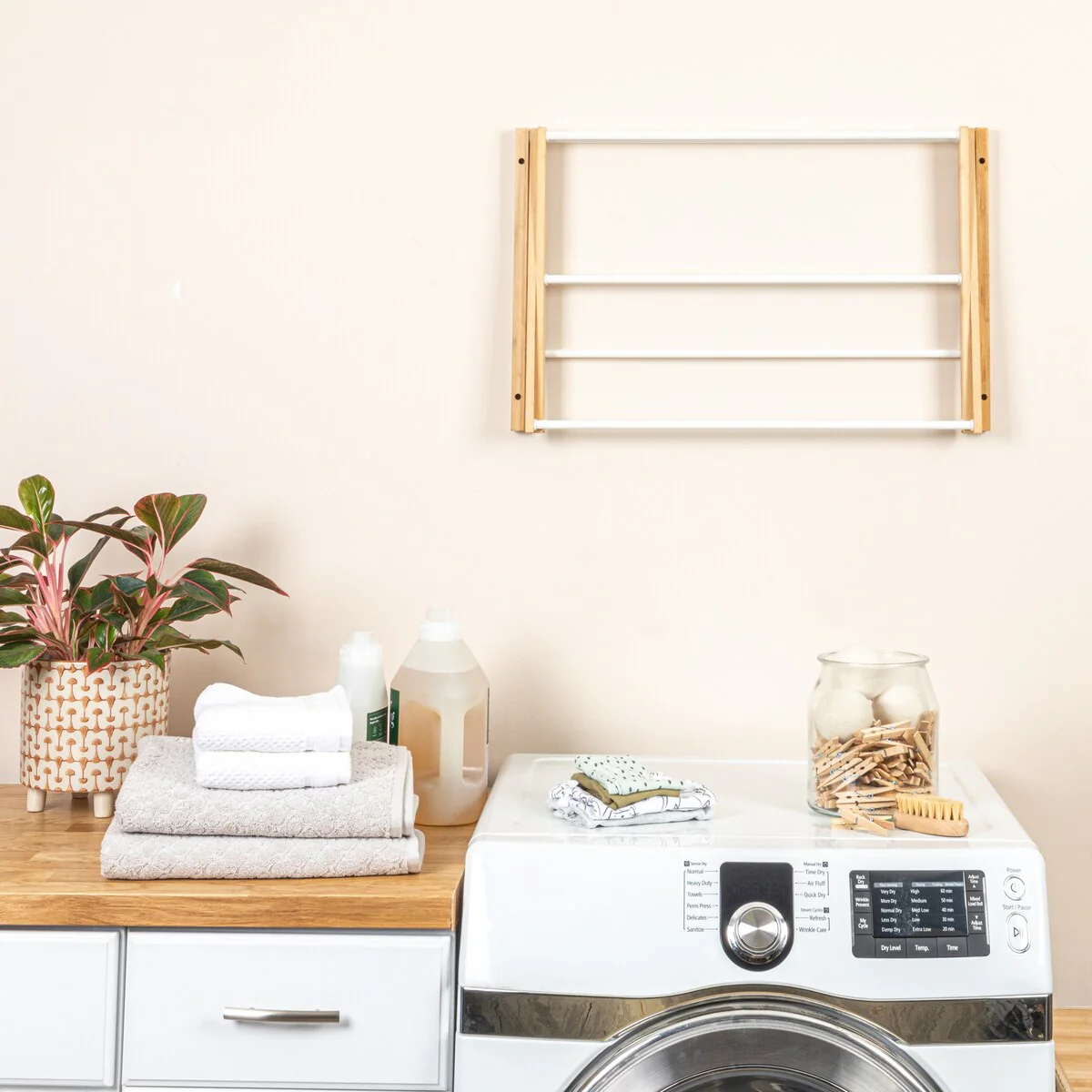 Household Essentials Bamboo and Metal Wall Mount Extendable Drying Rack with 8 Dowels - 28.0