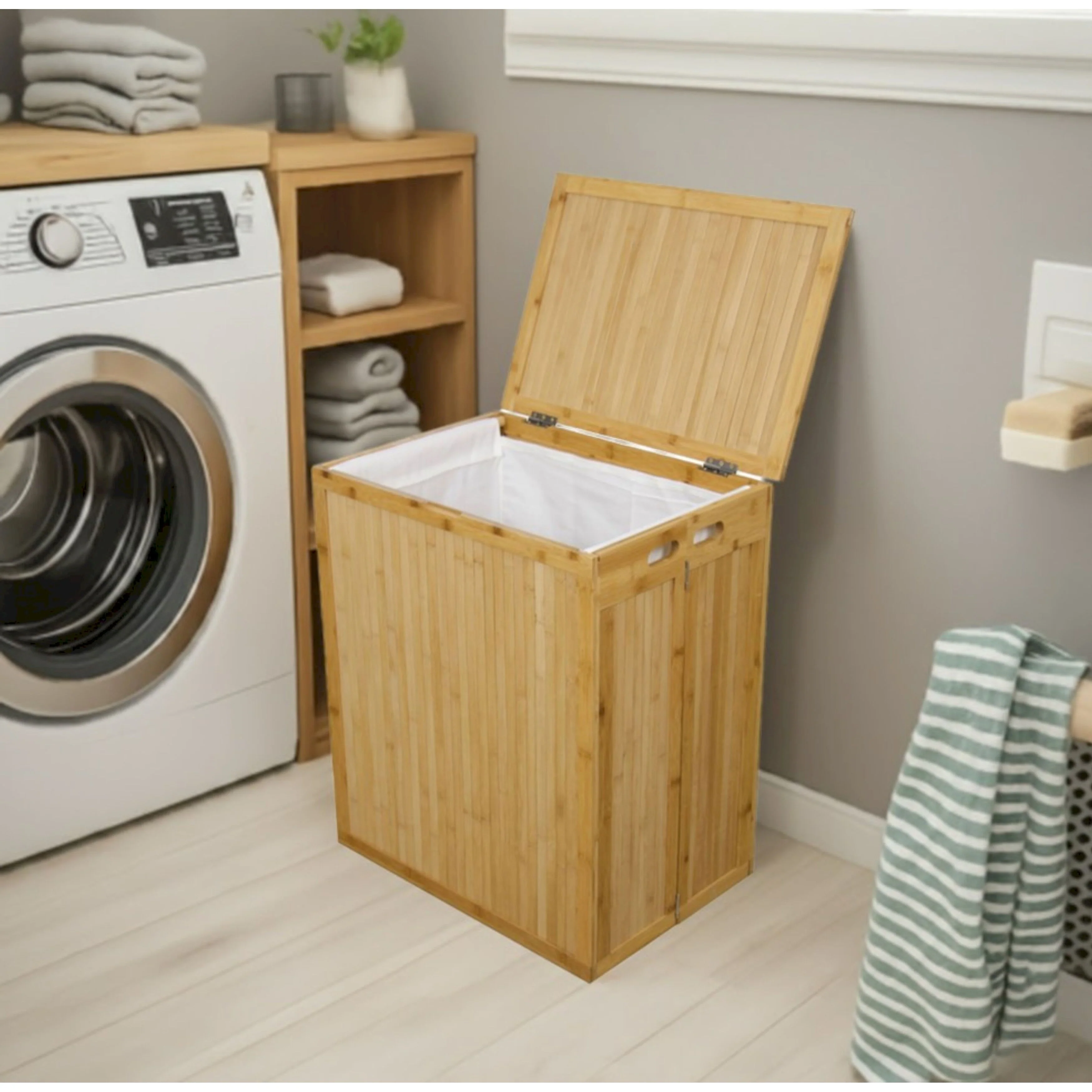 Solid Bamboo Folding Clothes Hamper w/ Removable Laundry Bag