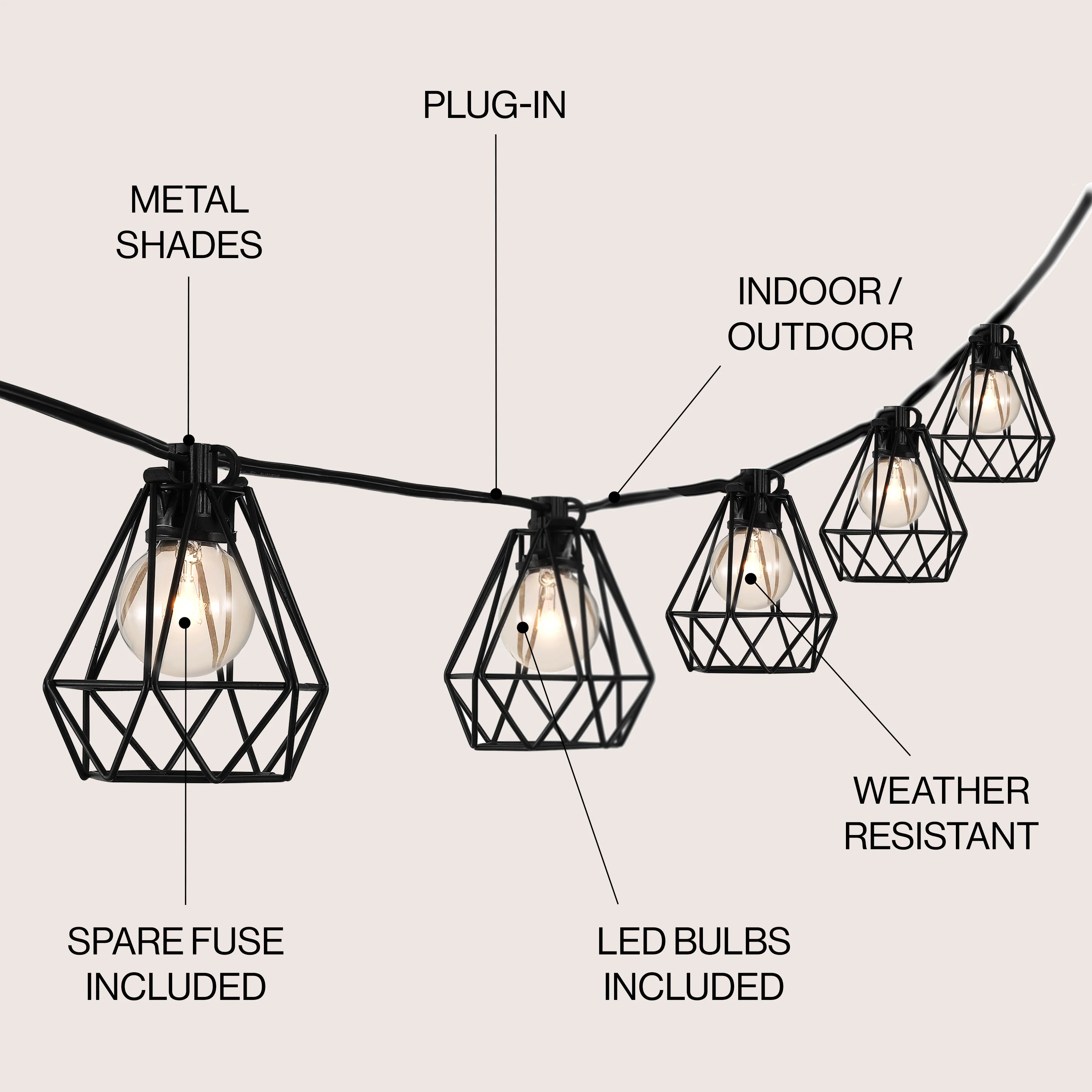 10-Light Indoor/Outdoor 10 ft. Contemporary Transitional Incandescent G40 Diamond Cage String Lights