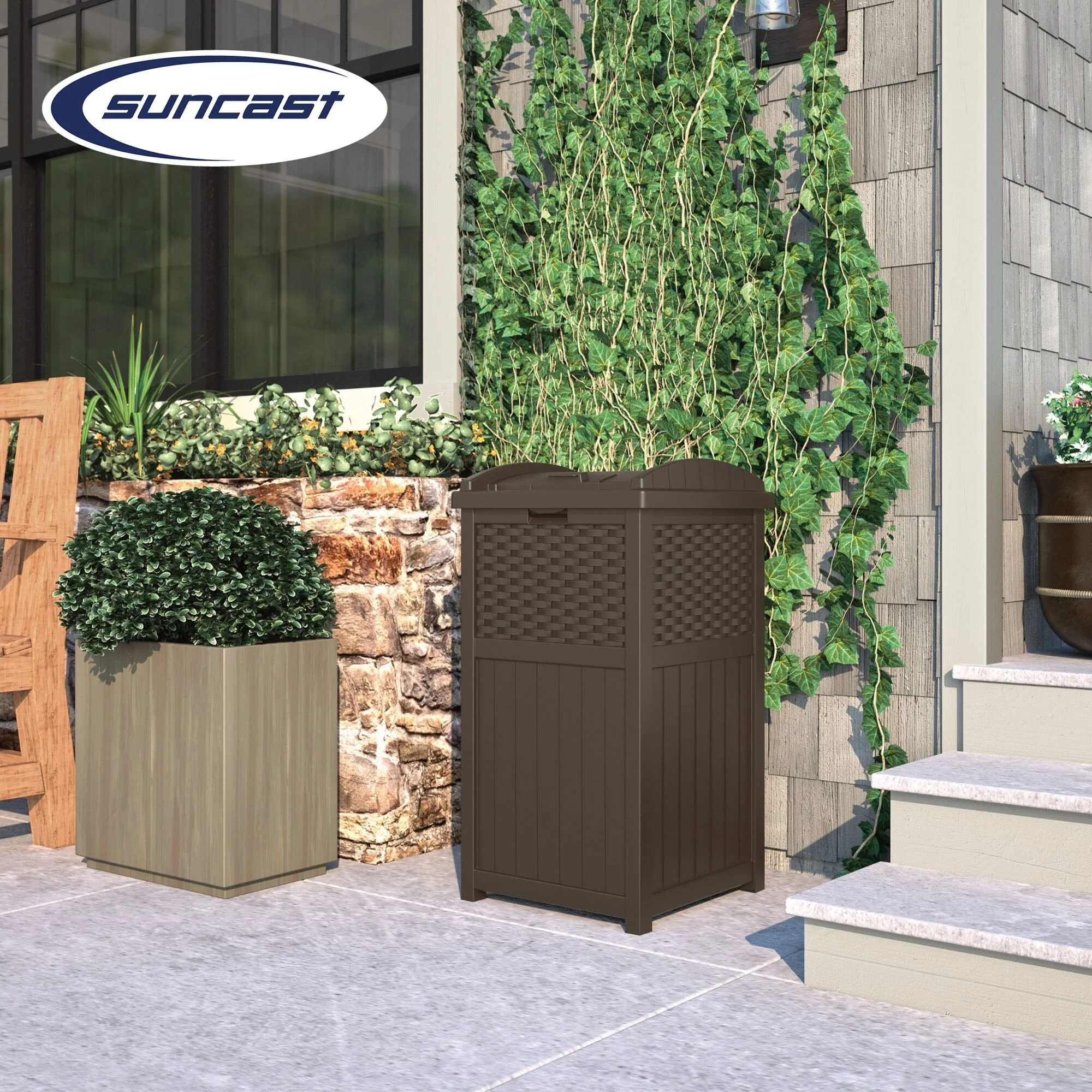 Suncast Trash Hideaway 33 Gallon Resin Wicker Outdoor Garbage Container (4 Pack)