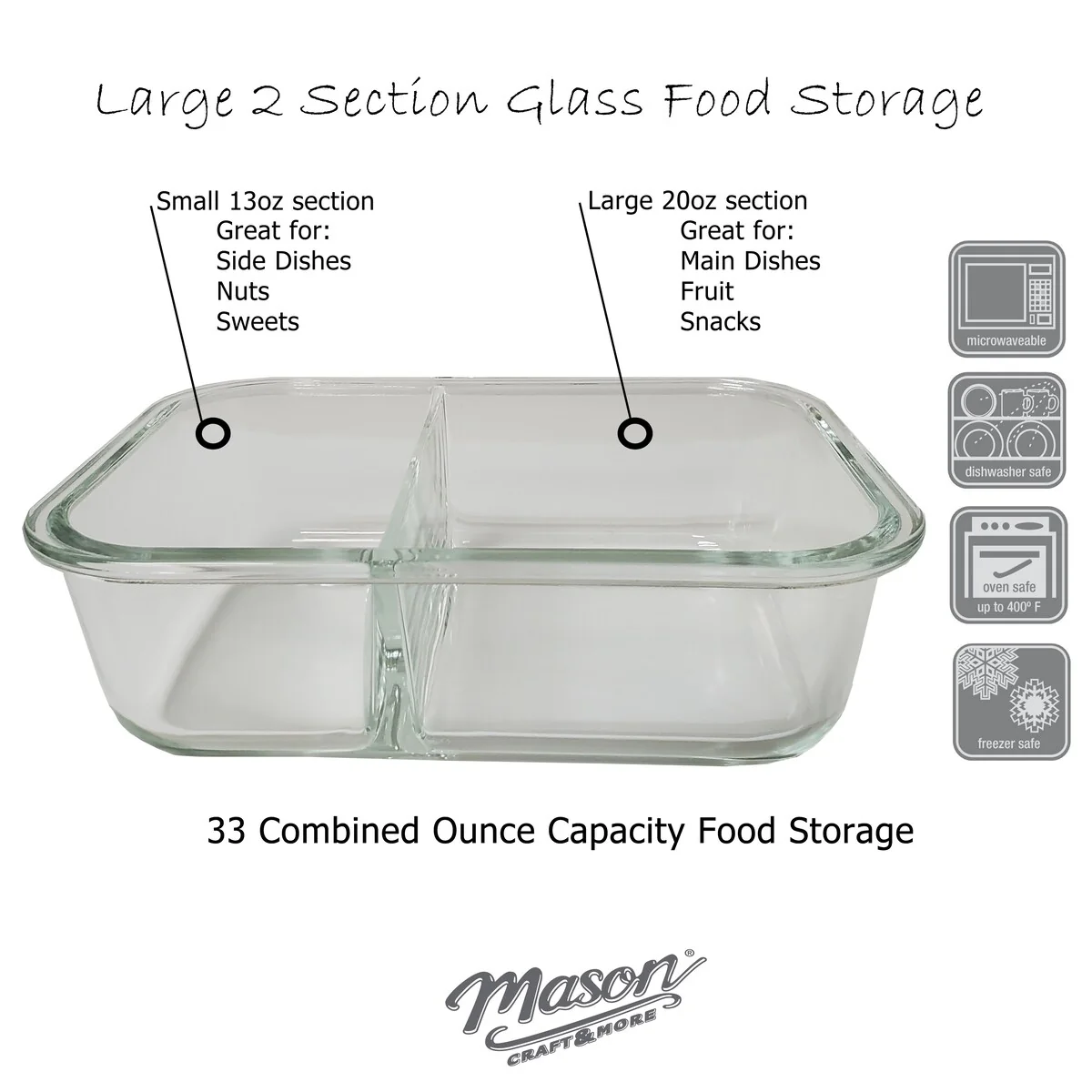 Mason Craft & More 33oz Rectangular 2.5 Section Glass Food Storage with Gray Gasket - Set of 6