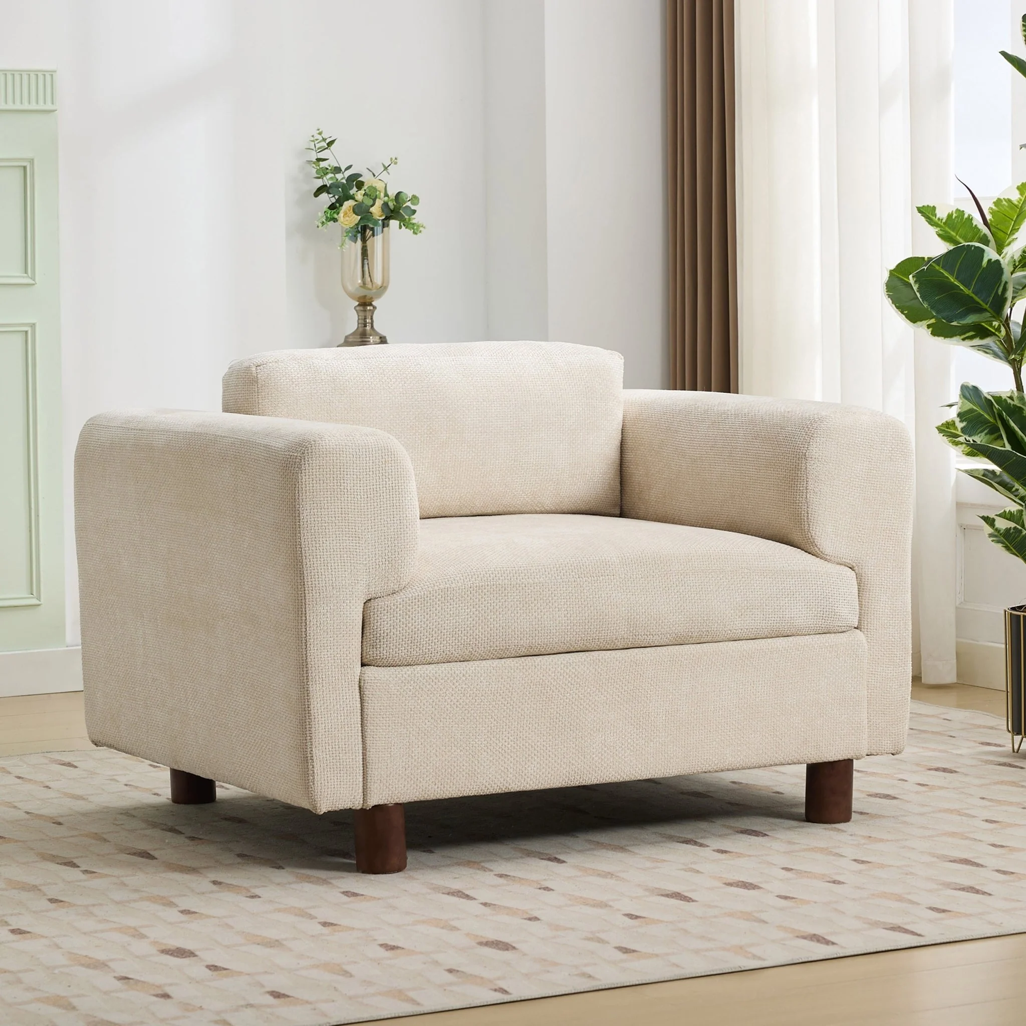 Elixired Upholstered Arm Chair with Tucked Armrests and Round Rubberwood Legs