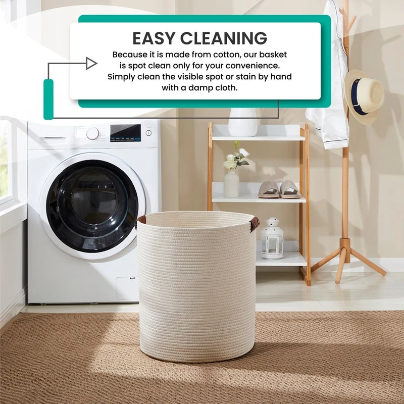 Large Cotton Rope Storage Basket Laundry Hamper Woven Basket with Leather Handles -16 x 18 - 16