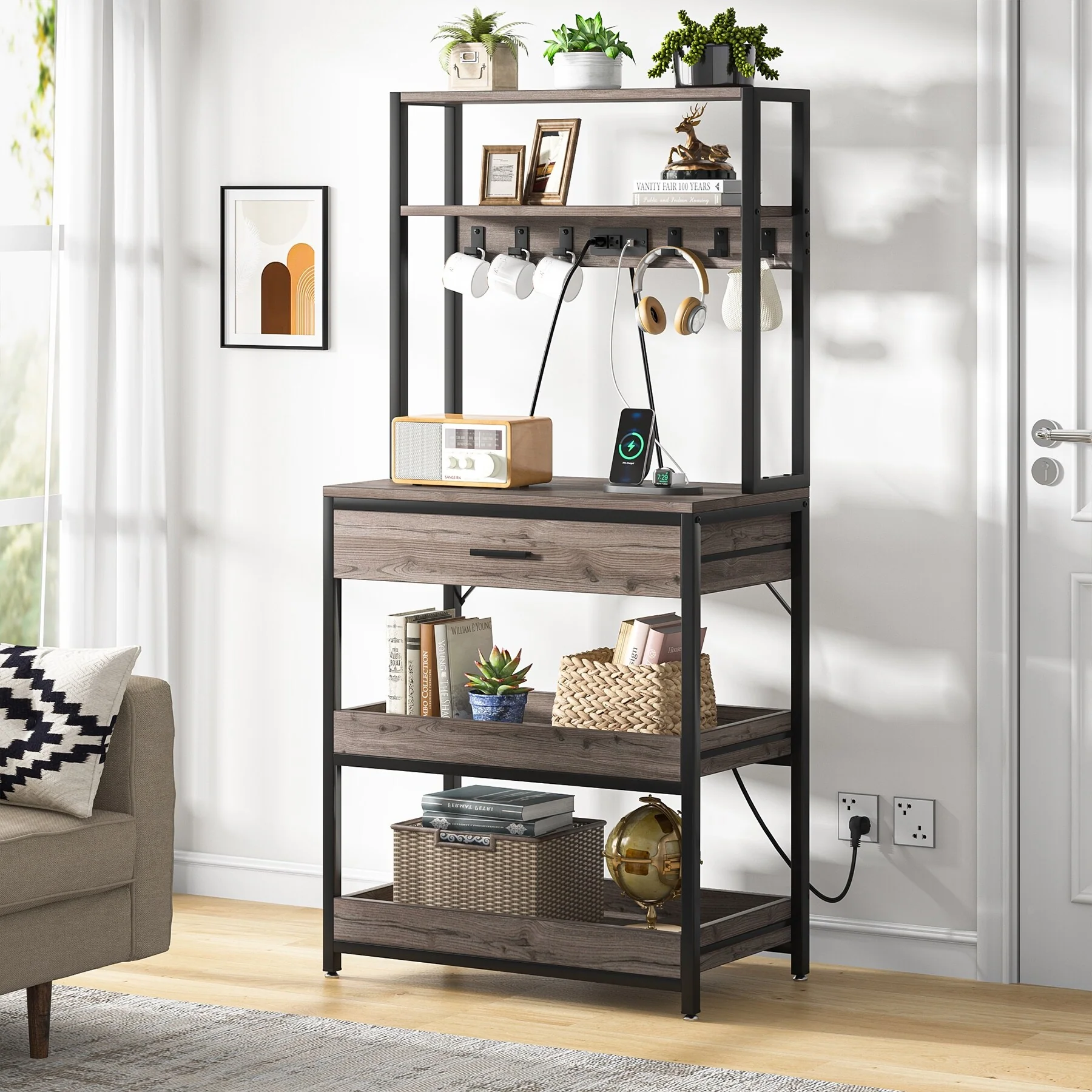 Kitchen Bakers Rack with Power Outlets, High Utility Storage Shelves Microwave Stand with Drawers