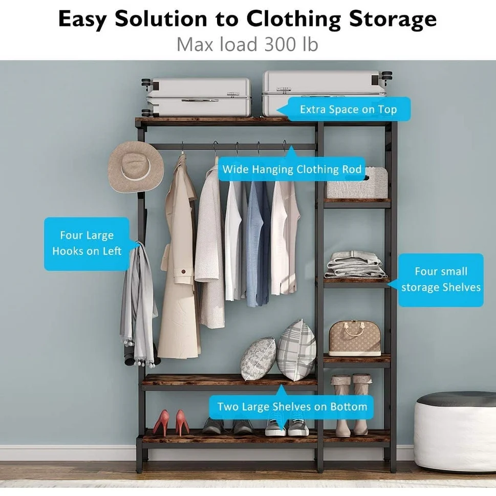 Free-standing Closet with Hooks, metal Clothes Garment Rack with Shelves and Hanging Rod